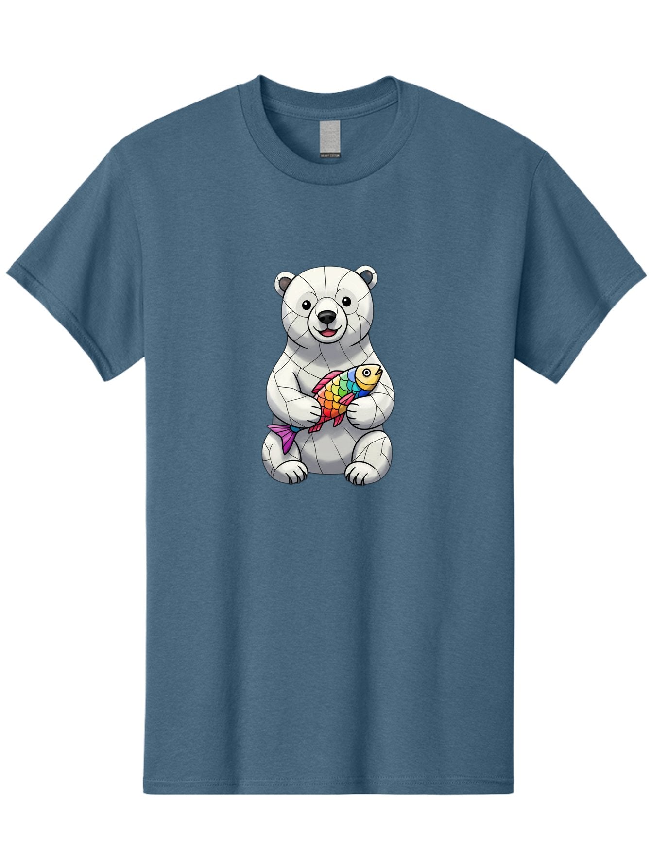 Polar-Bear-With-Fish-2 Men'S Graphic Tee, 100% Cotton, Comfortable Casual Summer Wear, Machine Washable, Polar Bear Holding Koi Fish, Cartoon Polar Bear, Rainbow Fish, White Bear, Colorful Art, Digital Illustration, Cute Bear, Playful Design, Bae671 14