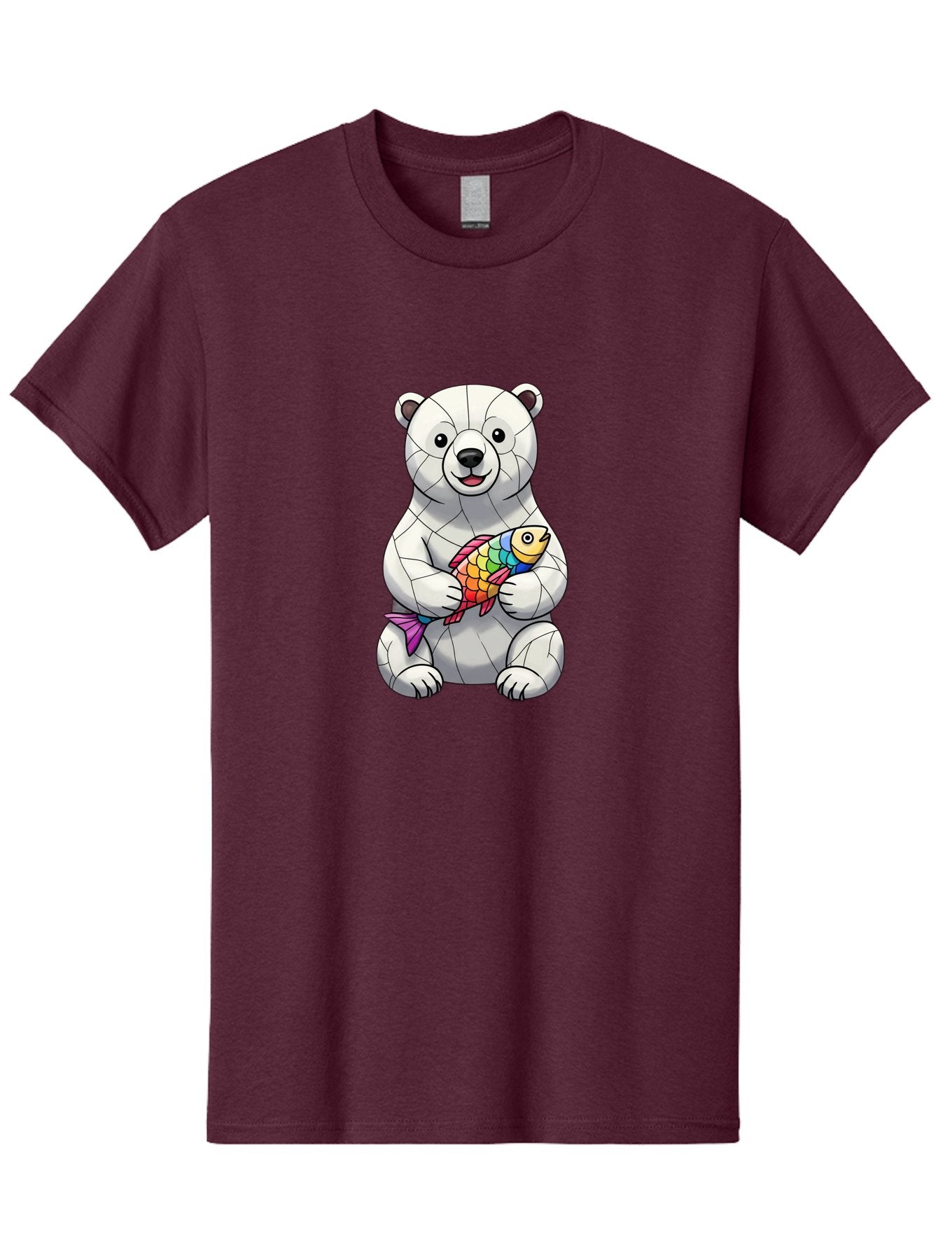 Polar-Bear-With-Fish-2 Men'S Graphic Tee, 100% Cotton, Comfortable Casual Summer Wear, Machine Washable, Polar Bear Holding Koi Fish, Cartoon Polar Bear, Rainbow Fish, White Bear, Colorful Art, Digital Illustration, Cute Bear, Playful Design, Bae671 8