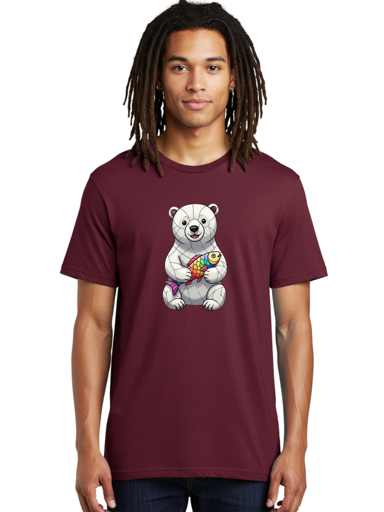 Polar-Bear-With-Fish-2 Men'S Graphic Tee, 100% Cotton, Comfortable Casual Summer Wear, Machine Washable, Polar Bear Holding Koi Fish, Cartoon Polar Bear, Rainbow Fish, White Bear, Colorful Art, Digital Illustration, Cute Bear, Playful Design, Bae671 25