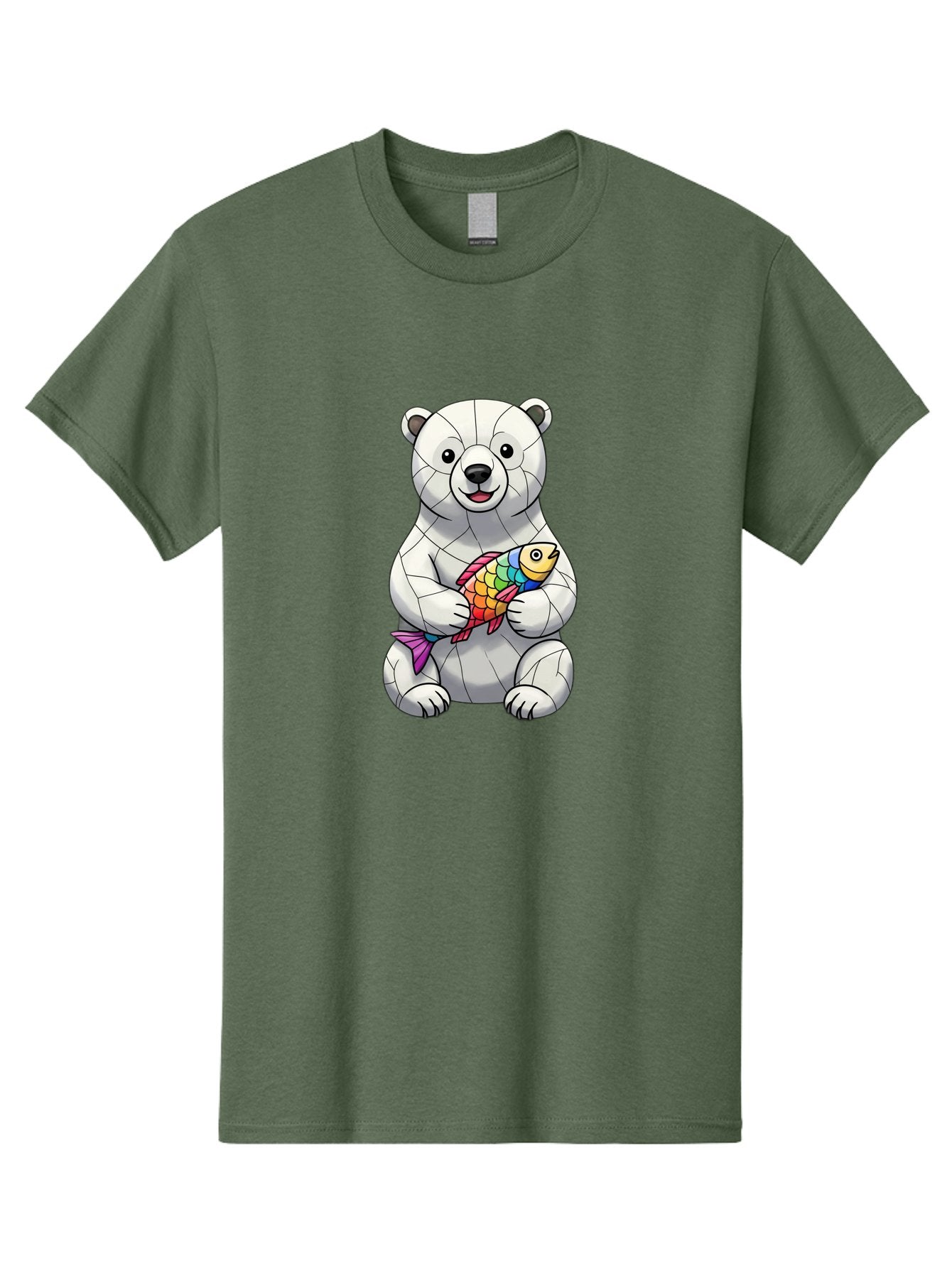 Polar-Bear-With-Fish-2 Men'S Graphic Tee, 100% Cotton, Comfortable Casual Summer Wear, Machine Washable, Polar Bear Holding Koi Fish, Cartoon Polar Bear, Rainbow Fish, White Bear, Colorful Art, Digital Illustration, Cute Bear, Playful Design, Bae671 15