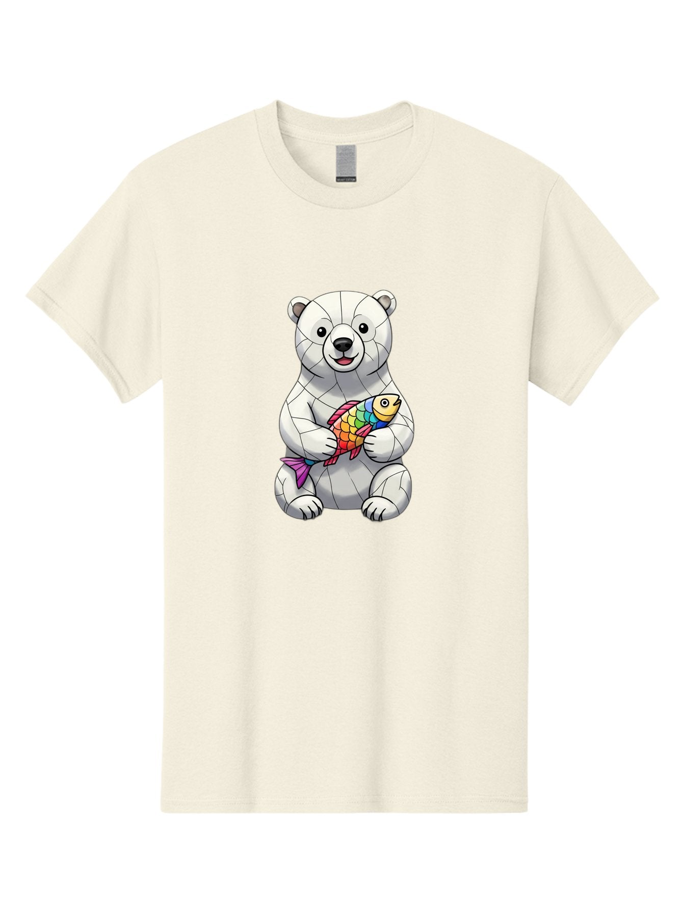Polar-Bear-With-Fish-2 Men'S Graphic Tee, 100% Cotton, Comfortable Casual Summer Wear, Machine Washable, Polar Bear Holding Koi Fish, Cartoon Polar Bear, Rainbow Fish, White Bear, Colorful Art, Digital Illustration, Cute Bear, Playful Design, Bae671
