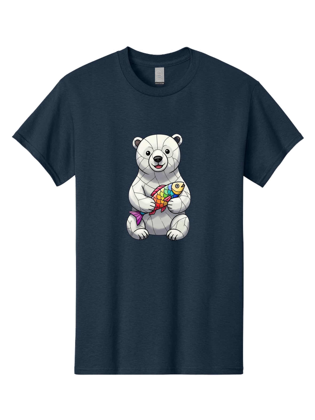 Polar-Bear-With-Fish-2 Men'S Graphic Tee, 100% Cotton, Comfortable Casual Summer Wear, Machine Washable, Polar Bear Holding Koi Fish, Cartoon Polar Bear, Rainbow Fish, White Bear, Colorful Art, Digital Illustration, Cute Bear, Playful Design, Bae671 7