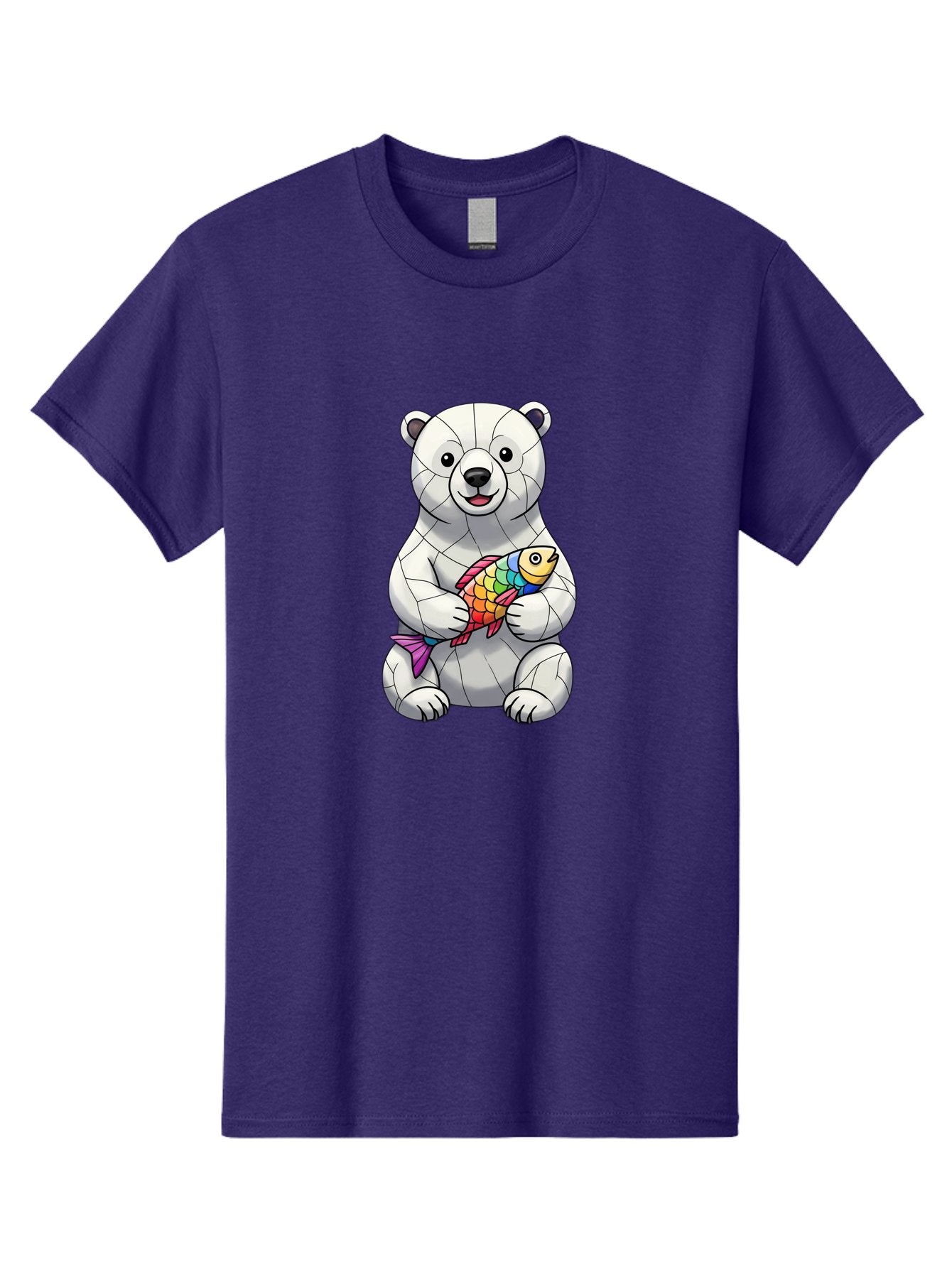 Polar-Bear-With-Fish-2 Men'S Graphic Tee, 100% Cotton, Comfortable Casual Summer Wear, Machine Washable, Polar Bear Holding Koi Fish, Cartoon Polar Bear, Rainbow Fish, White Bear, Colorful Art, Digital Illustration, Cute Bear, Playful Design, Bae671
