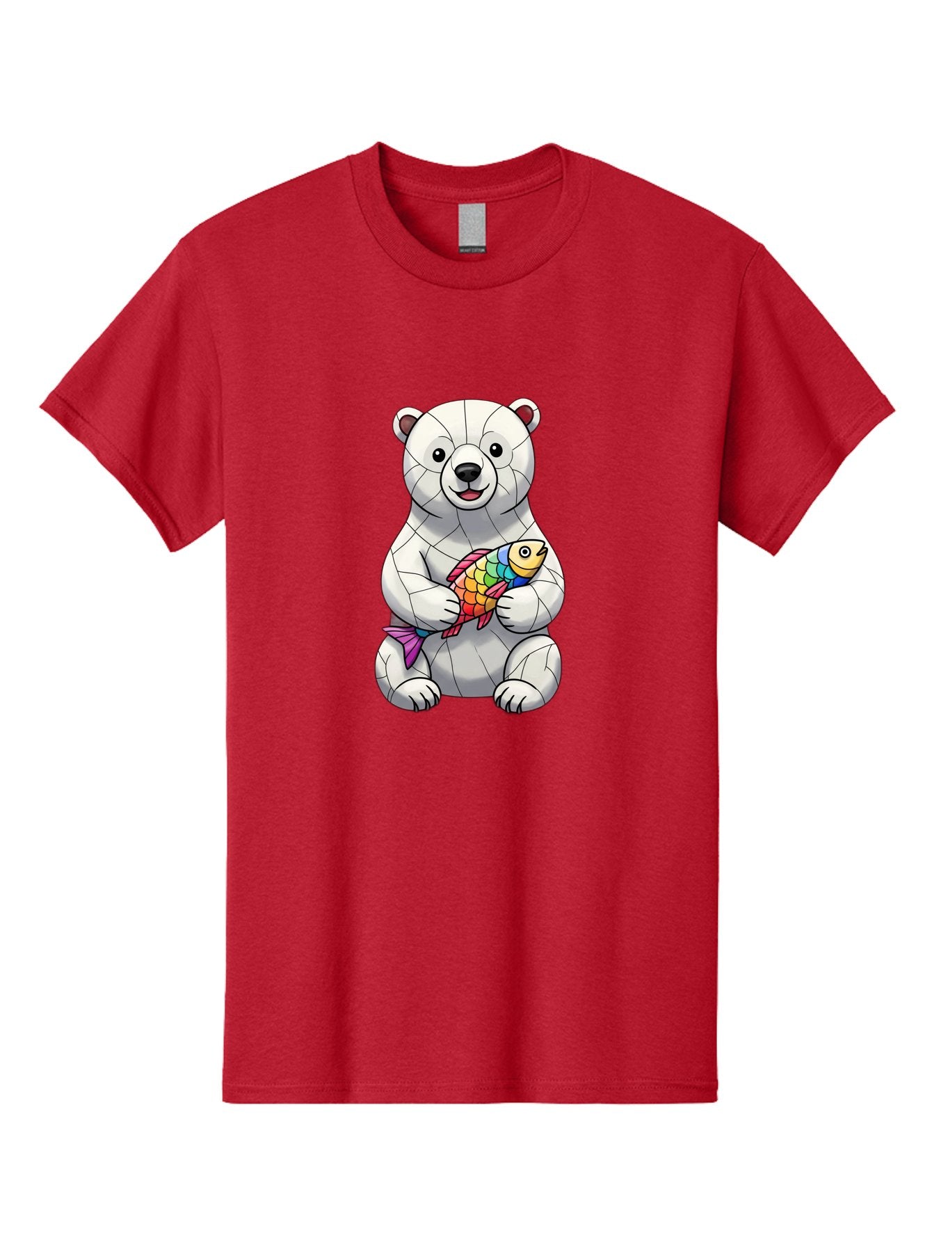 Polar-Bear-With-Fish-2 Men'S Graphic Tee, 100% Cotton, Comfortable Casual Summer Wear, Machine Washable, Polar Bear Holding Koi Fish, Cartoon Polar Bear, Rainbow Fish, White Bear, Colorful Art, Digital Illustration, Cute Bear, Playful Design, Bae671 13