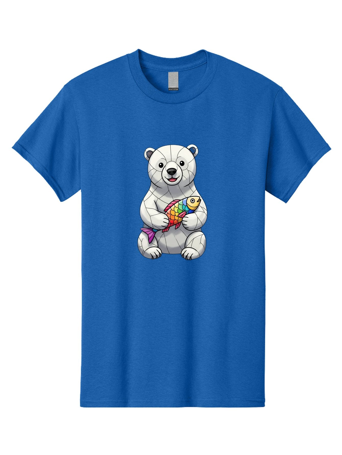 Polar-Bear-With-Fish-2 Men'S Graphic Tee, 100% Cotton, Comfortable Casual Summer Wear, Machine Washable, Polar Bear Holding Koi Fish, Cartoon Polar Bear, Rainbow Fish, White Bear, Colorful Art, Digital Illustration, Cute Bear, Playful Design, Bae671 5