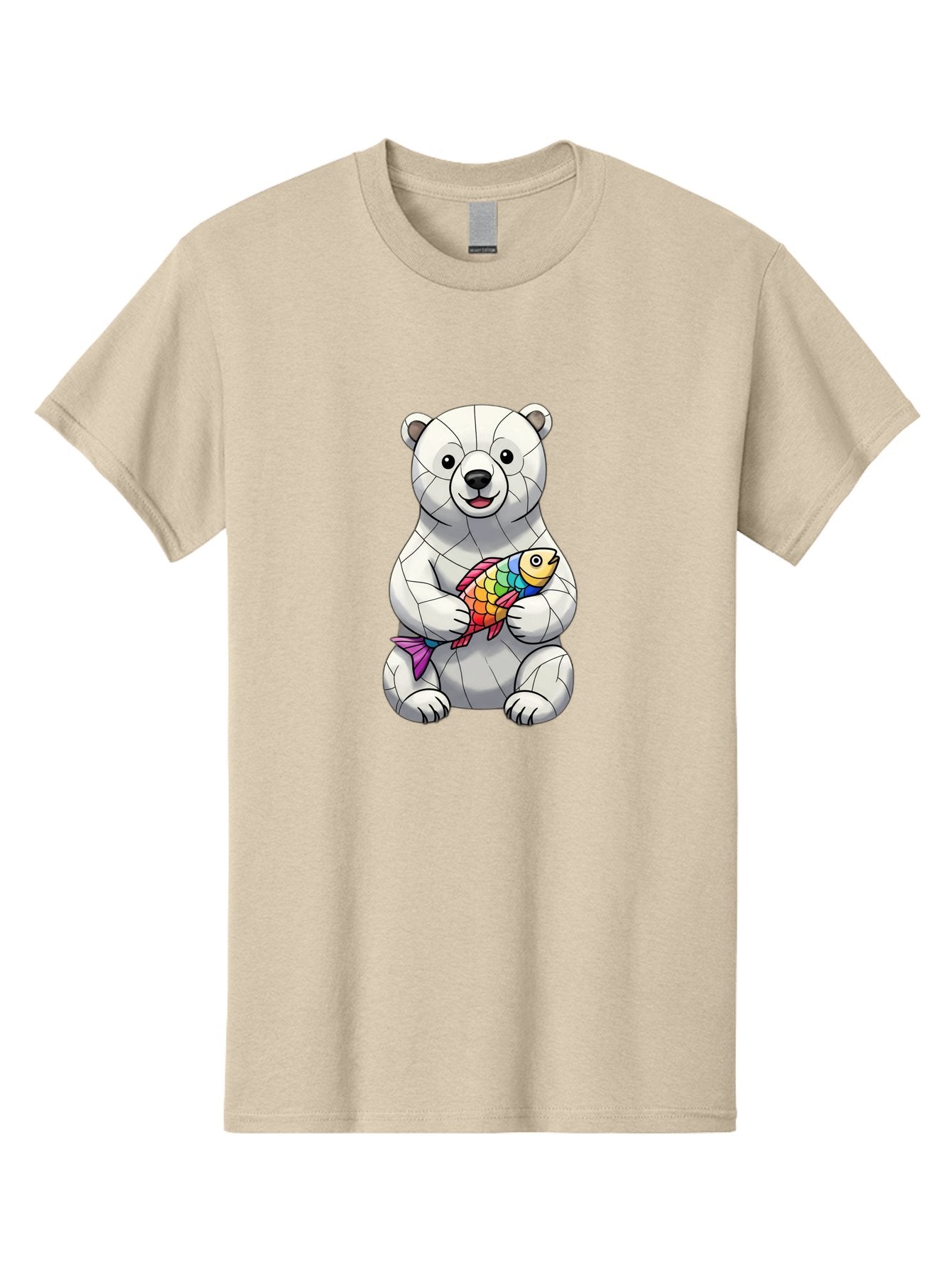 Polar-Bear-With-Fish-2 Men'S Graphic Tee, 100% Cotton, Comfortable Casual Summer Wear, Machine Washable, Polar Bear Holding Koi Fish, Cartoon Polar Bear, Rainbow Fish, White Bear, Colorful Art, Digital Illustration, Cute Bear, Playful Design, Bae671 4