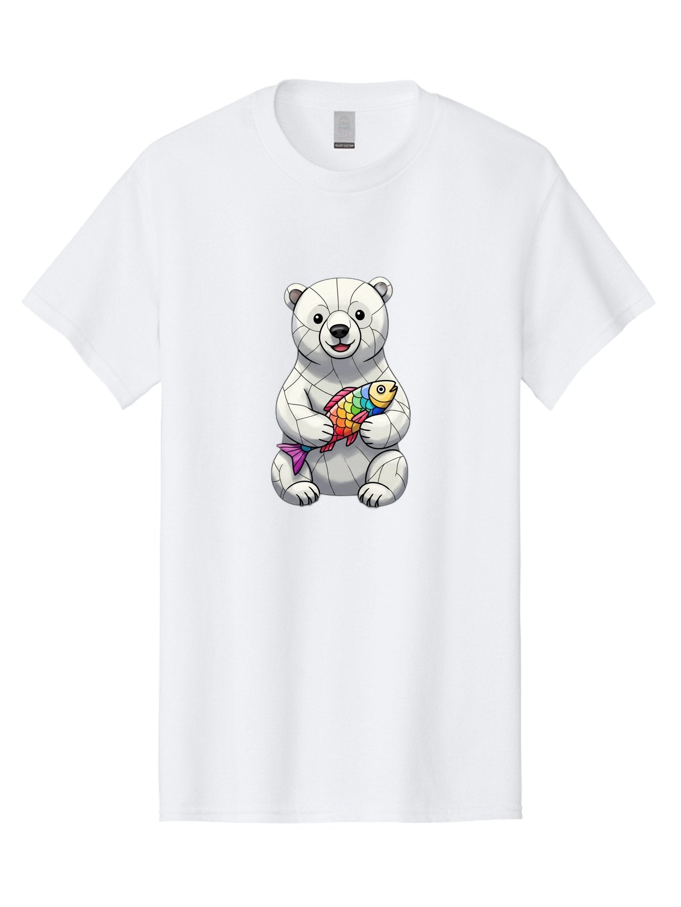 Polar-Bear-With-Fish-2 Men'S Graphic Tee, 100% Cotton, Comfortable Casual Summer Wear, Machine Washable, Polar Bear Holding Koi Fish, Cartoon Polar Bear, Rainbow Fish, White Bear, Colorful Art, Digital Illustration, Cute Bear, Playful Design, Bae671 10