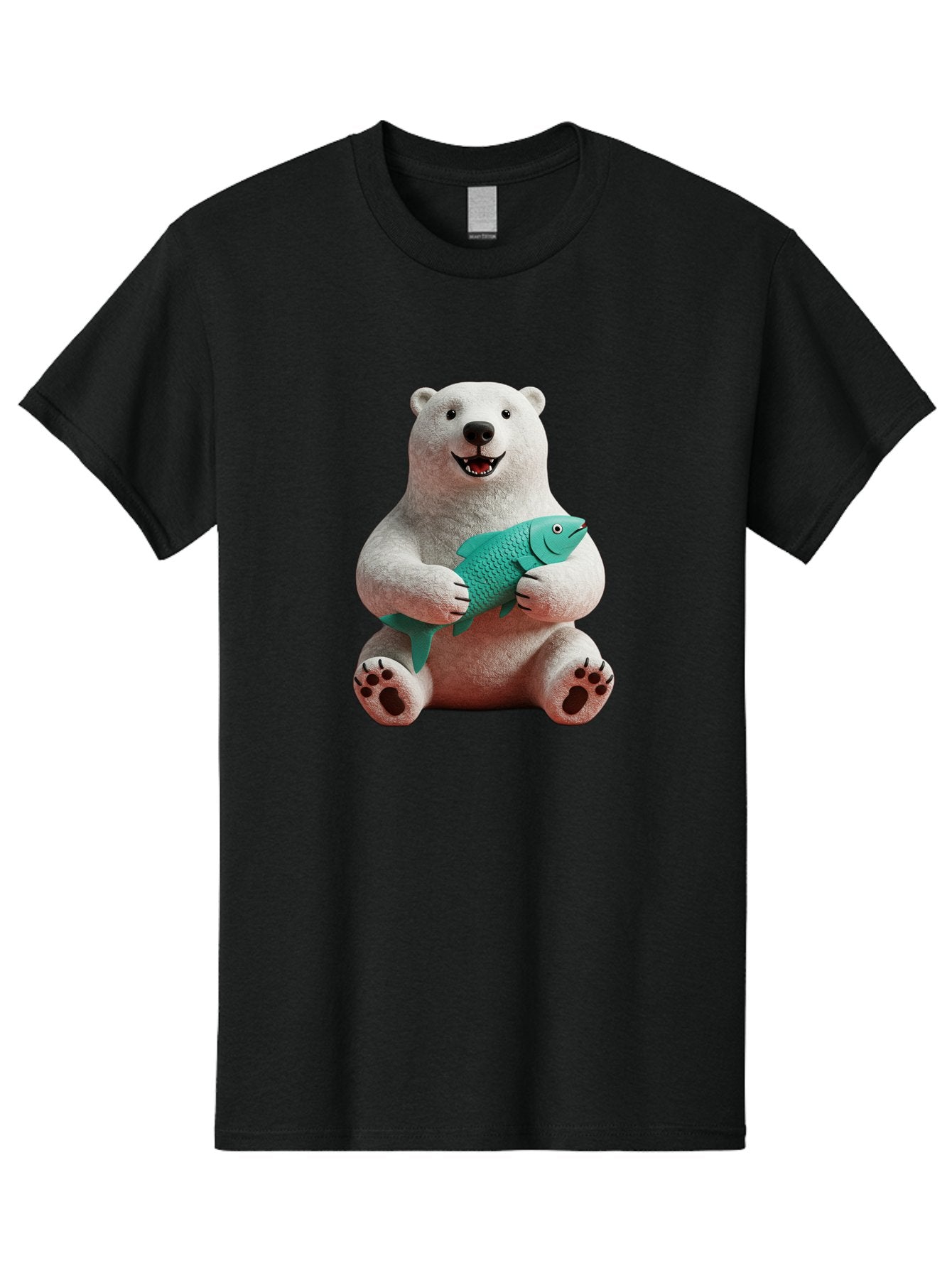 Polar-Bear-With-Fish-3 Men'S Graphic Tee, 100% Cotton, Comfortable Casual Summer Wear, Machine Washable, Polar Bear Holding Fish, White Fur, Cartoon Character, Smiling Bear, Turquoise Fish, Happy Expression, Cute Illustration, Wildlife Art Bae672 14