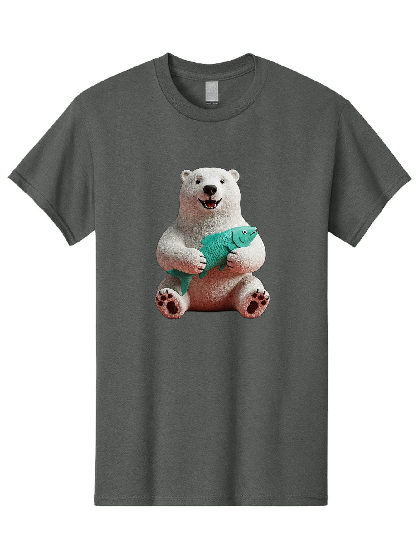 Polar-Bear-With-Fish-3 Men'S Graphic Tee, 100% Cotton, Comfortable Casual Summer Wear, Machine Washable, Polar Bear Holding Fish, White Fur, Cartoon Character, Smiling Bear, Turquoise Fish, Happy Expression, Cute Illustration, Wildlife Art Bae672 12