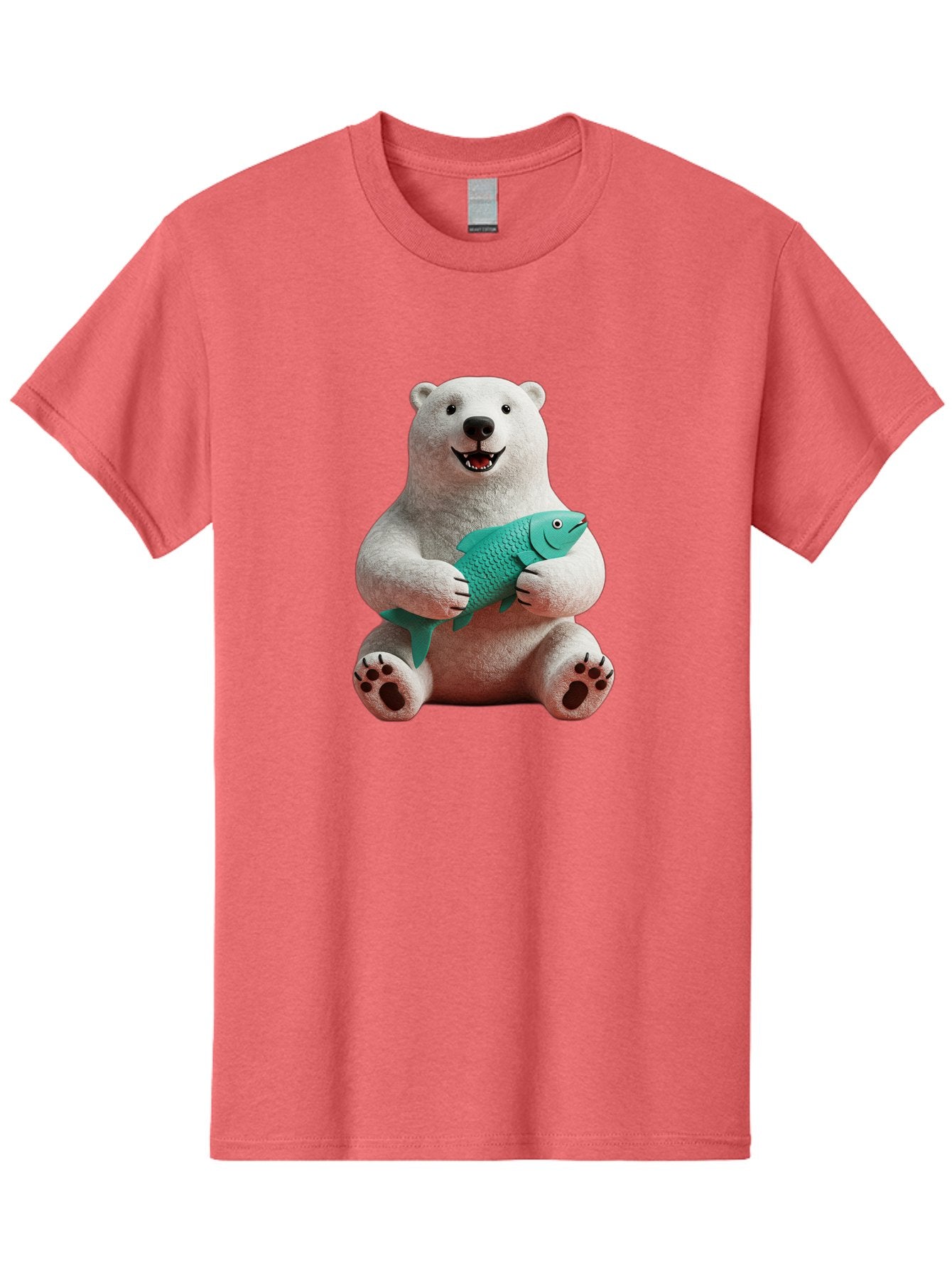 Polar-Bear-With-Fish-3 Men'S Graphic Tee, 100% Cotton, Comfortable Casual Summer Wear, Machine Washable, Polar Bear Holding Fish, White Fur, Cartoon Character, Smiling Bear, Turquoise Fish, Happy Expression, Cute Illustration, Wildlife Art Bae672 3