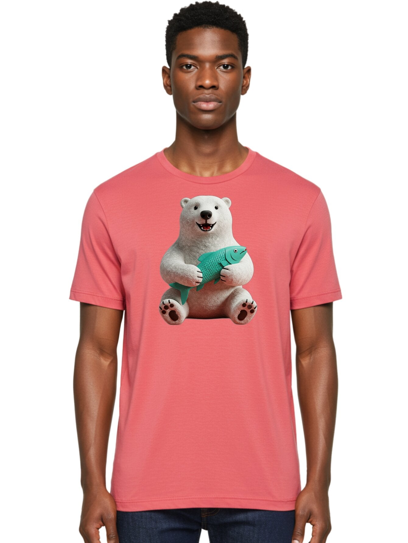 Polar-Bear-With-Fish-3 Men'S Graphic Tee, 100% Cotton, Comfortable Casual Summer Wear, Machine Washable, Polar Bear Holding Fish, White Fur, Cartoon Character, Smiling Bear, Turquoise Fish, Happy Expression, Cute Illustration, Wildlife Art Bae672 22
