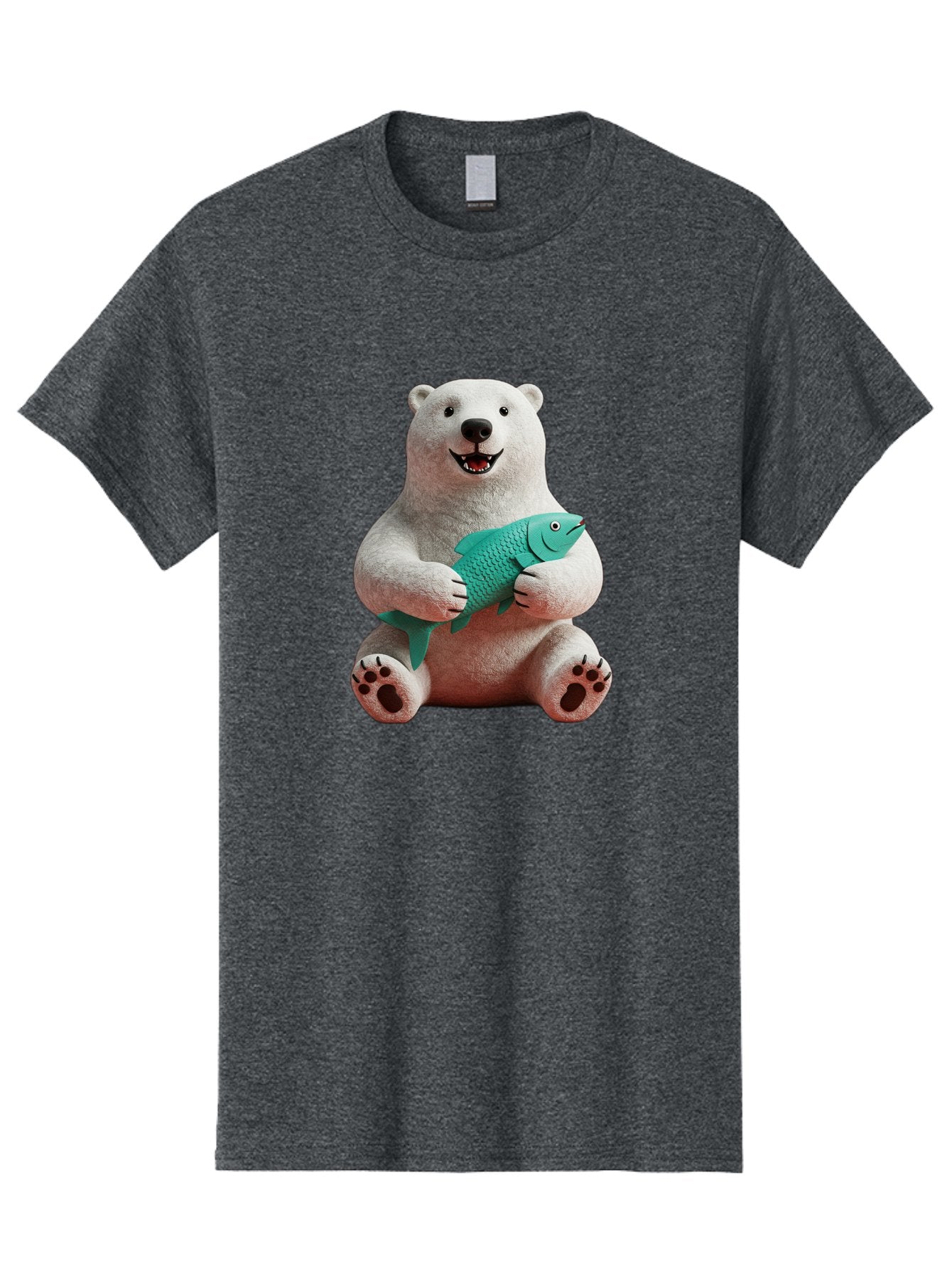 Polar-Bear-With-Fish-3 Men'S Graphic Tee, 100% Cotton, Comfortable Casual Summer Wear, Machine Washable, Polar Bear Holding Fish, White Fur, Cartoon Character, Smiling Bear, Turquoise Fish, Happy Expression, Cute Illustration, Wildlife Art Bae672 6