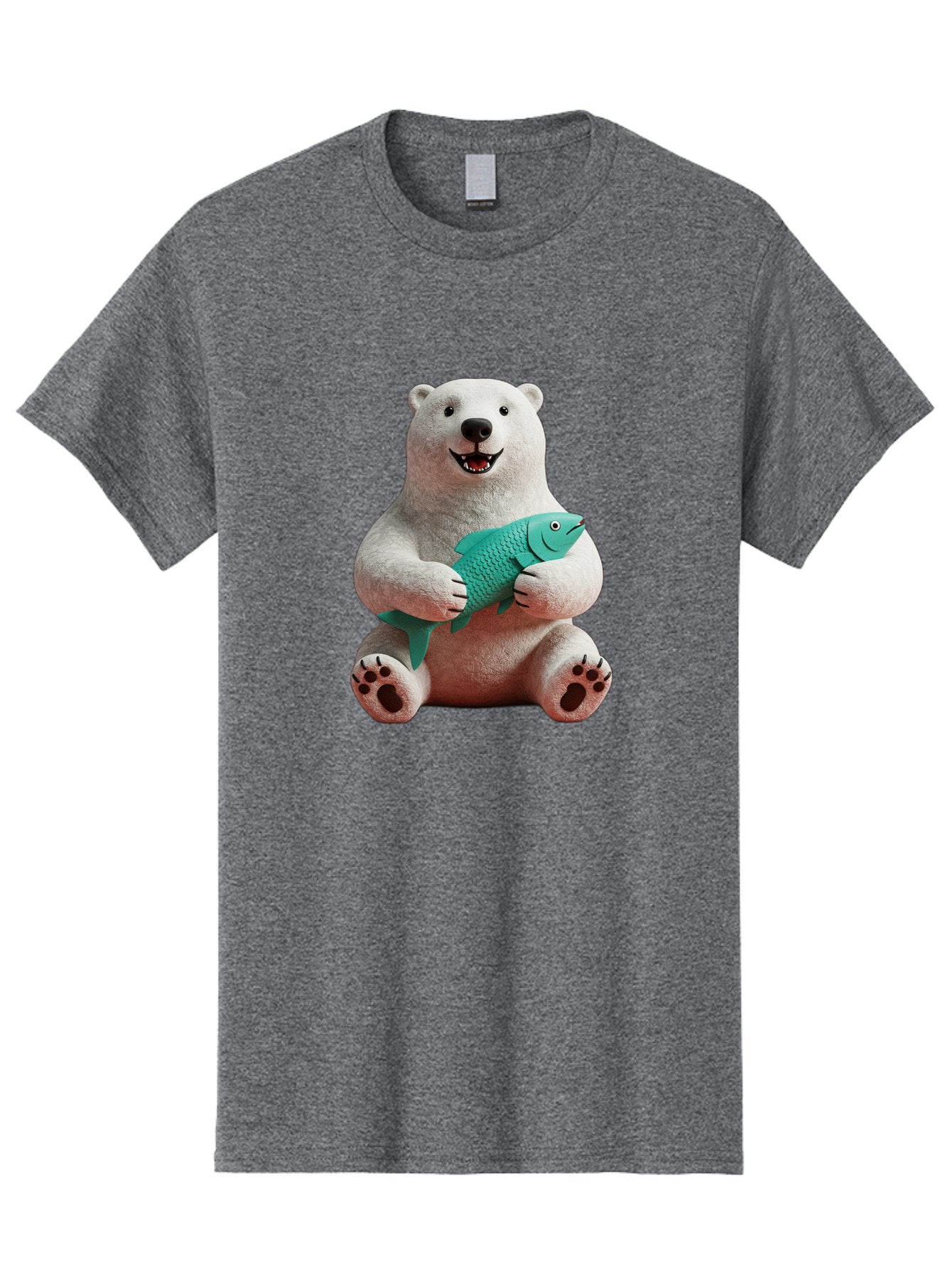 Polar-Bear-With-Fish-3 Men'S Graphic Tee, 100% Cotton, Comfortable Casual Summer Wear, Machine Washable, Polar Bear Holding Fish, White Fur, Cartoon Character, Smiling Bear, Turquoise Fish, Happy Expression, Cute Illustration, Wildlife Art Bae672