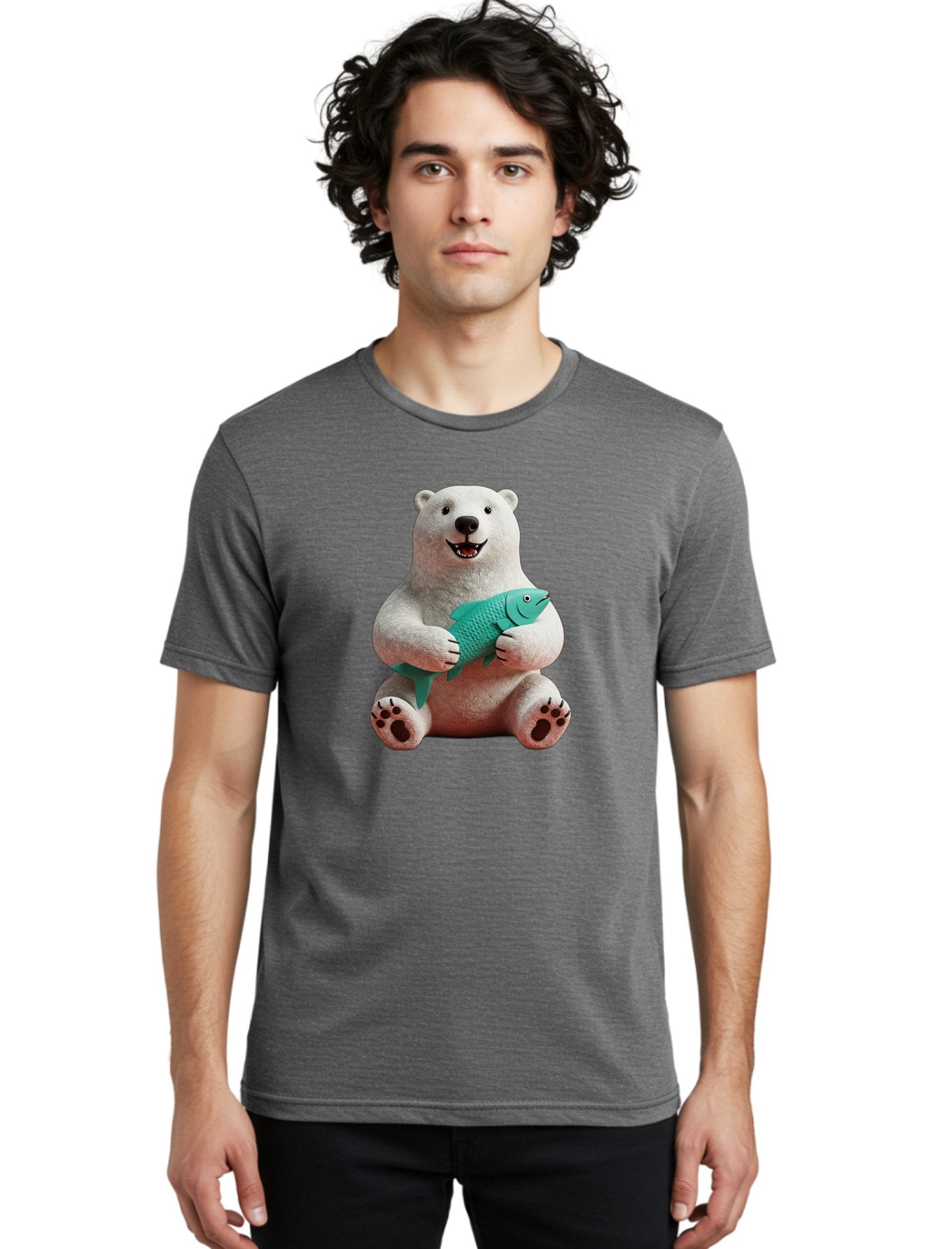 Polar-Bear-With-Fish-3 Men'S Graphic Tee, 100% Cotton, Comfortable Casual Summer Wear, Machine Washable, Polar Bear Holding Fish, White Fur, Cartoon Character, Smiling Bear, Turquoise Fish, Happy Expression, Cute Illustration, Wildlife Art Bae672 19