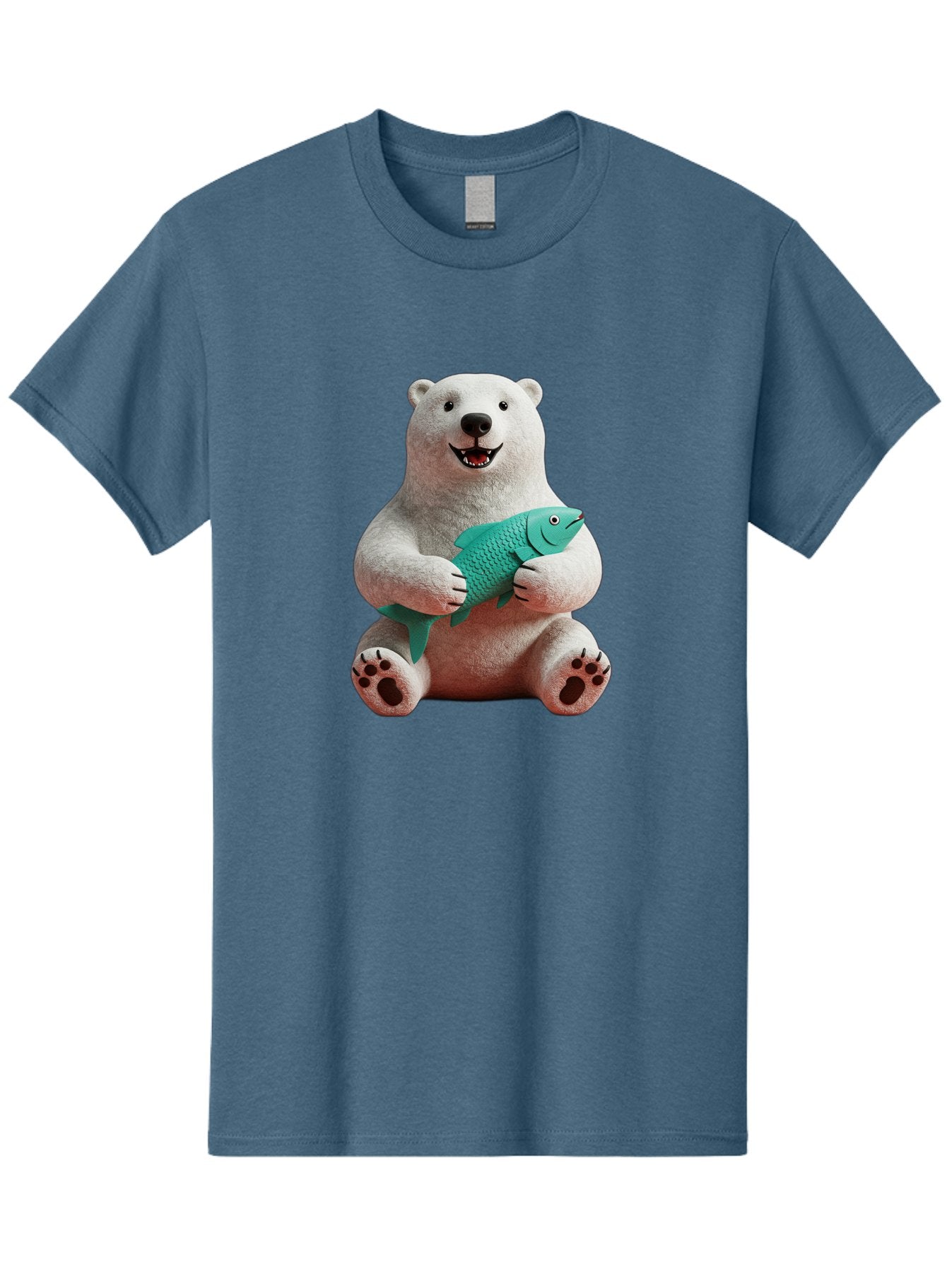 Polar-Bear-With-Fish-3 Men'S Graphic Tee, 100% Cotton, Comfortable Casual Summer Wear, Machine Washable, Polar Bear Holding Fish, White Fur, Cartoon Character, Smiling Bear, Turquoise Fish, Happy Expression, Cute Illustration, Wildlife Art Bae672 11