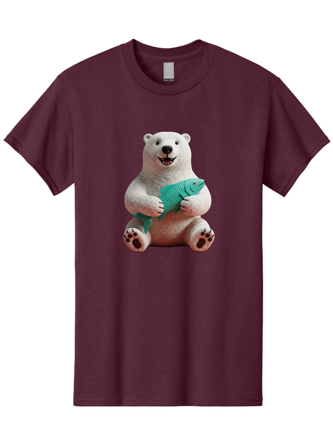 Polar-Bear-With-Fish-3 Men'S Graphic Tee, 100% Cotton, Comfortable Casual Summer Wear, Machine Washable, Polar Bear Holding Fish, White Fur, Cartoon Character, Smiling Bear, Turquoise Fish, Happy Expression, Cute Illustration, Wildlife Art Bae672