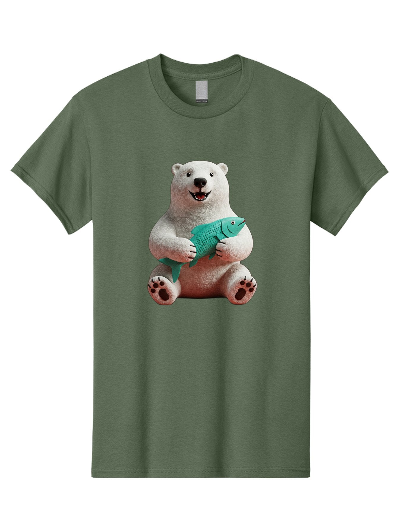 Polar-Bear-With-Fish-3 Men'S Graphic Tee, 100% Cotton, Comfortable Casual Summer Wear, Machine Washable, Polar Bear Holding Fish, White Fur, Cartoon Character, Smiling Bear, Turquoise Fish, Happy Expression, Cute Illustration, Wildlife Art Bae672 7