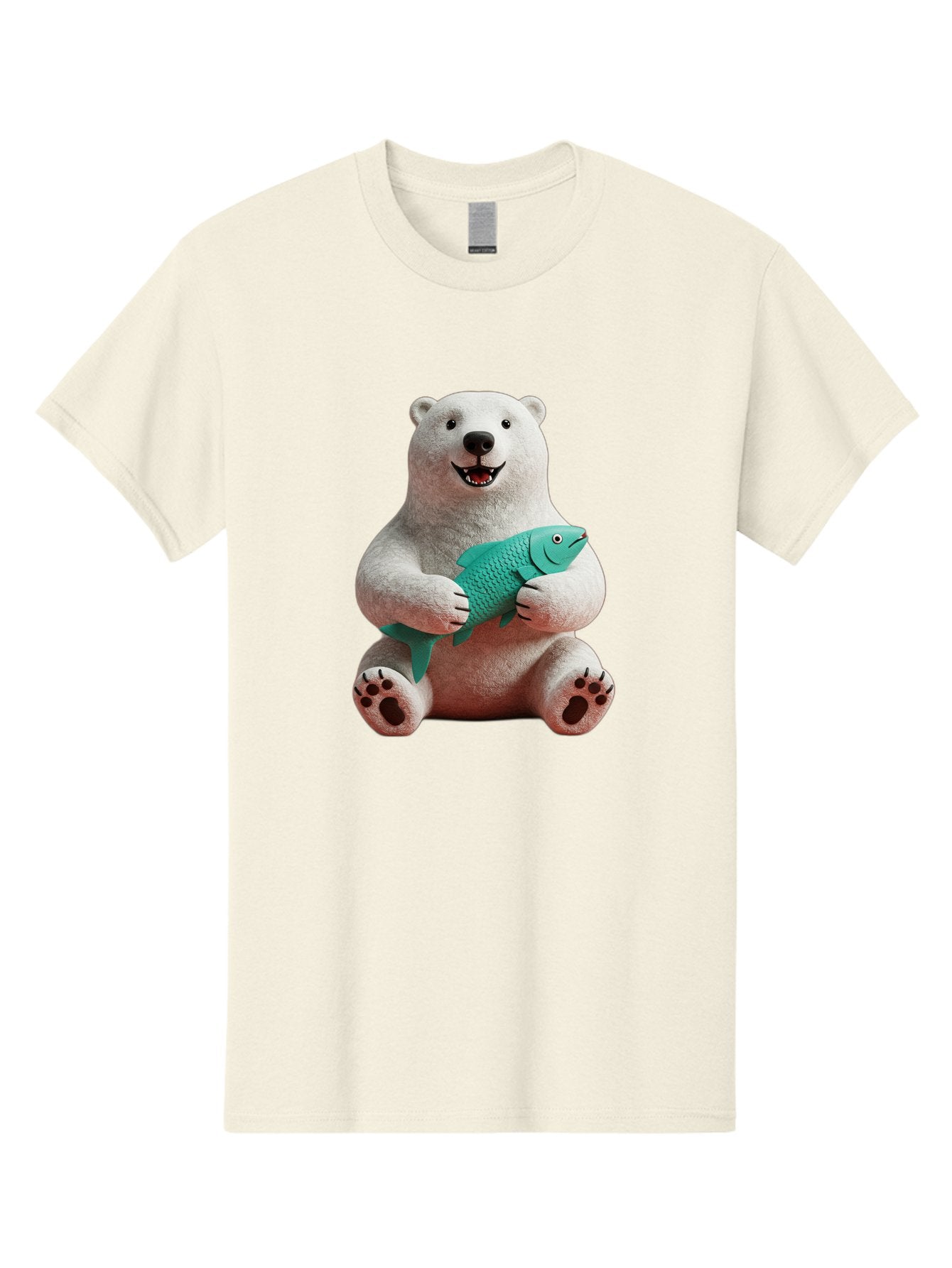 Polar-Bear-With-Fish-3 Men'S Graphic Tee, 100% Cotton, Comfortable Casual Summer Wear, Machine Washable, Polar Bear Holding Fish, White Fur, Cartoon Character, Smiling Bear, Turquoise Fish, Happy Expression, Cute Illustration, Wildlife Art Bae672 13