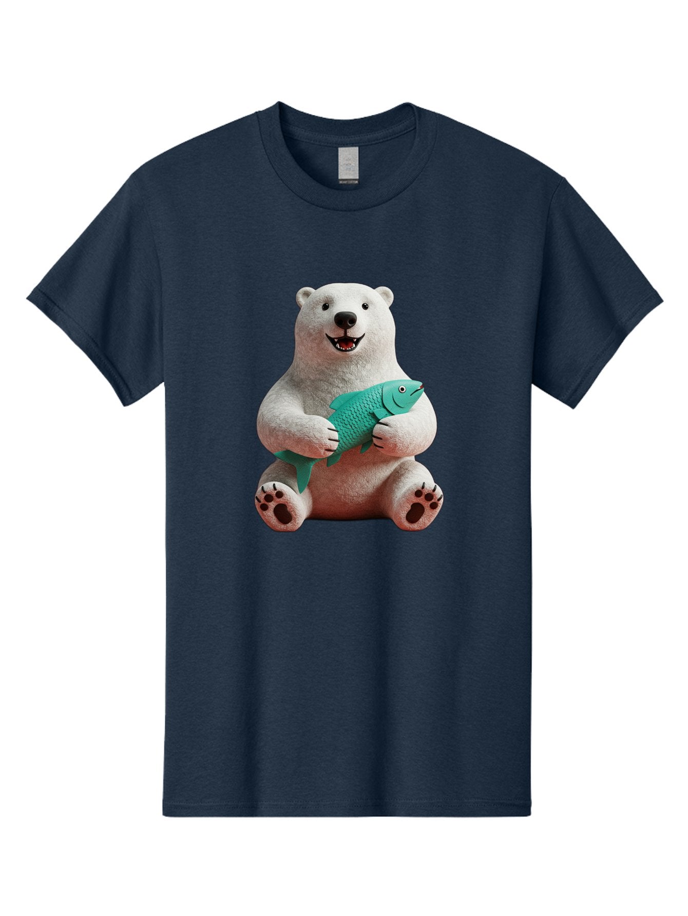 Polar-Bear-With-Fish-3 Men'S Graphic Tee, 100% Cotton, Comfortable Casual Summer Wear, Machine Washable, Polar Bear Holding Fish, White Fur, Cartoon Character, Smiling Bear, Turquoise Fish, Happy Expression, Cute Illustration, Wildlife Art Bae672 5