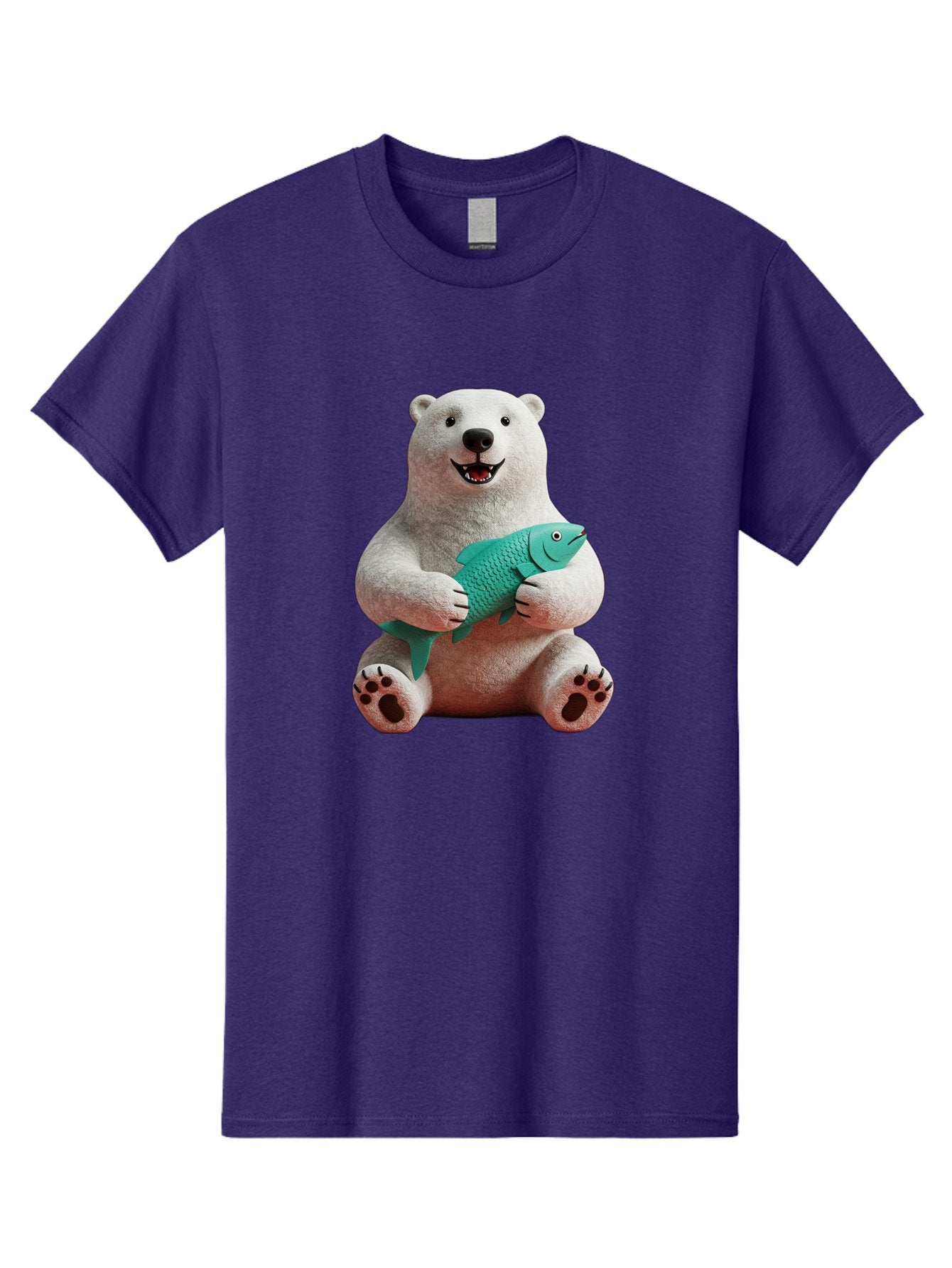 Polar-Bear-With-Fish-3 Men'S Graphic Tee, 100% Cotton, Comfortable Casual Summer Wear, Machine Washable, Polar Bear Holding Fish, White Fur, Cartoon Character, Smiling Bear, Turquoise Fish, Happy Expression, Cute Illustration, Wildlife Art Bae672 9