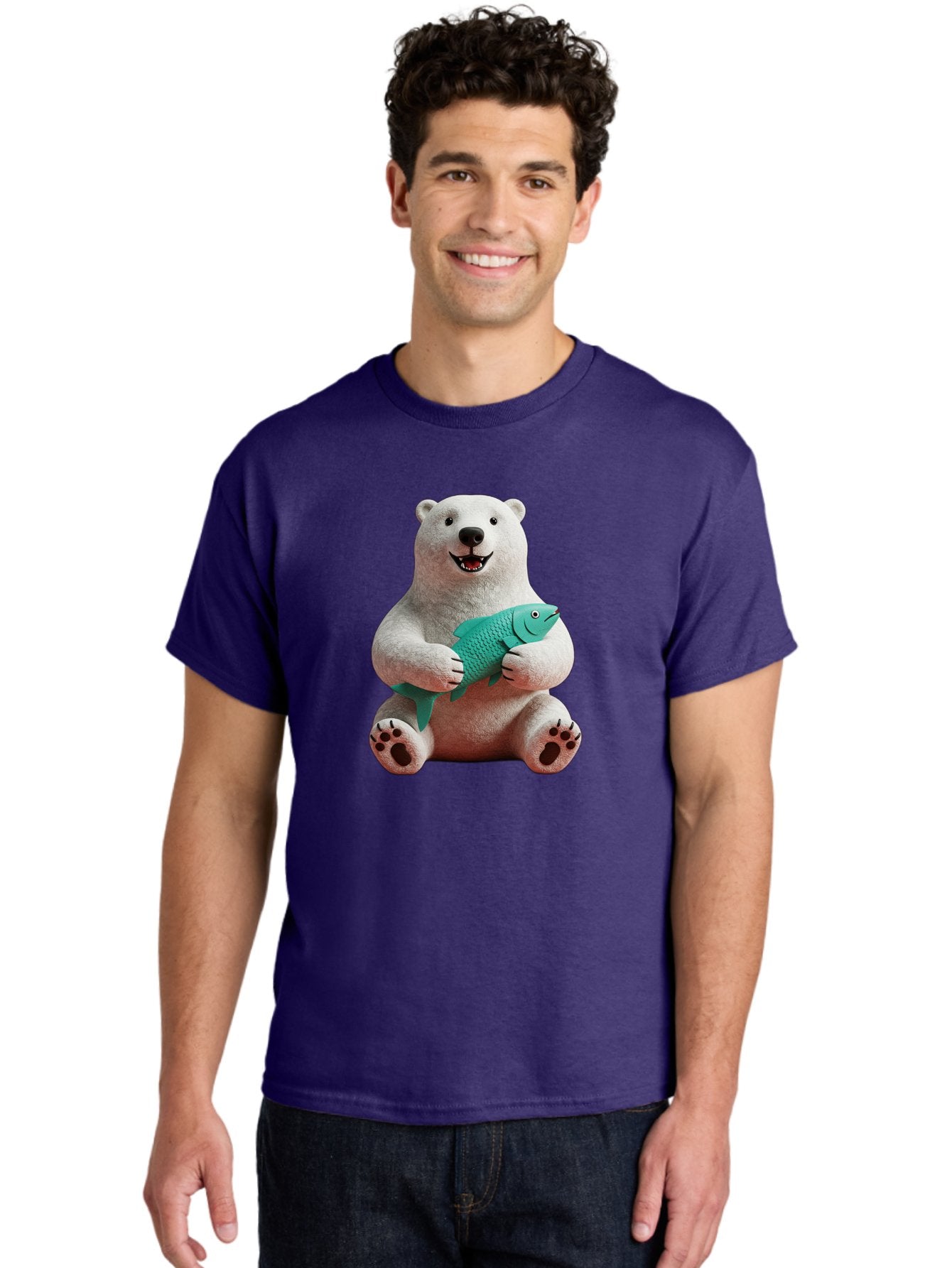 Polar-Bear-With-Fish-3 Men'S Graphic Tee, 100% Cotton, Comfortable Casual Summer Wear, Machine Washable, Polar Bear Holding Fish, White Fur, Cartoon Character, Smiling Bear, Turquoise Fish, Happy Expression, Cute Illustration, Wildlife Art Bae672 26
