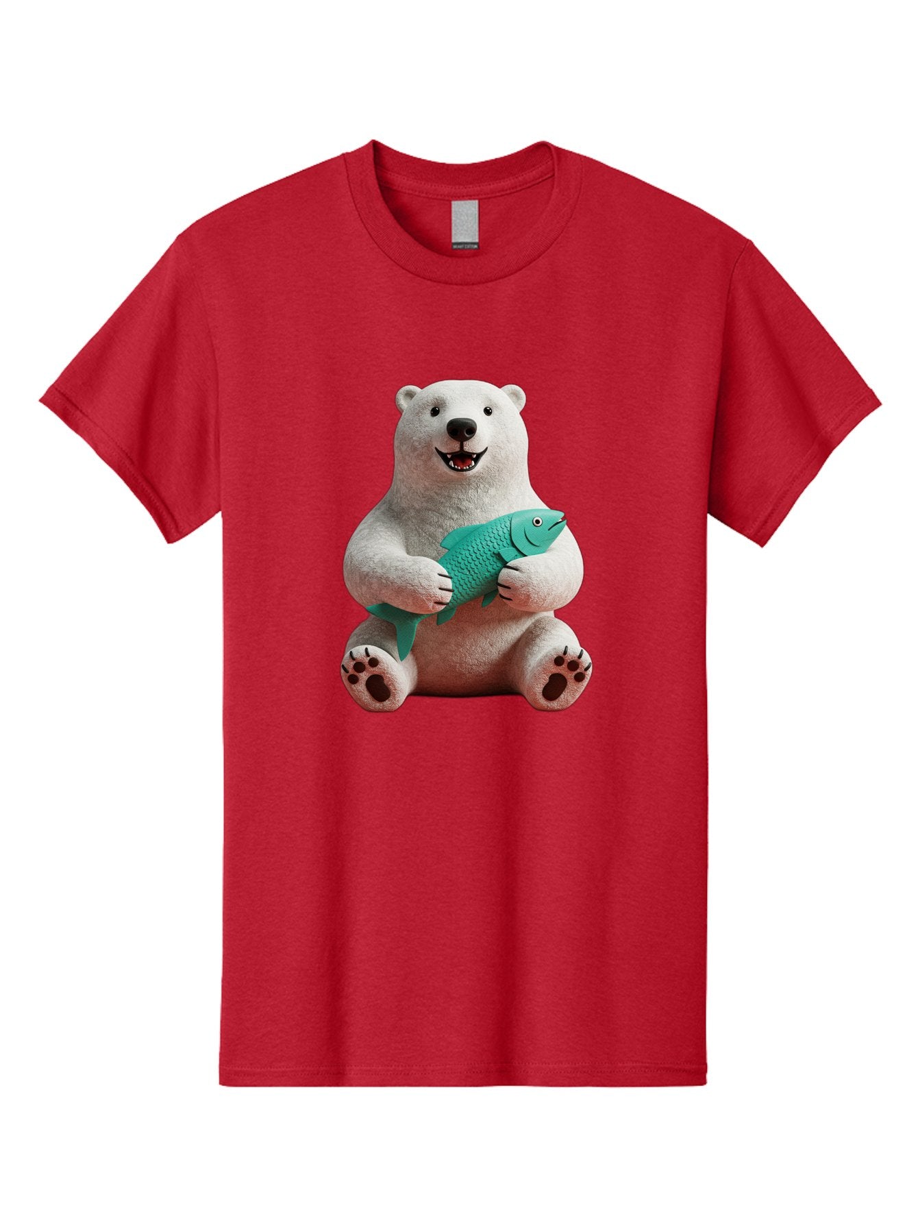 Polar-Bear-With-Fish-3 Men'S Graphic Tee, 100% Cotton, Comfortable Casual Summer Wear, Machine Washable, Polar Bear Holding Fish, White Fur, Cartoon Character, Smiling Bear, Turquoise Fish, Happy Expression, Cute Illustration, Wildlife Art Bae672 8