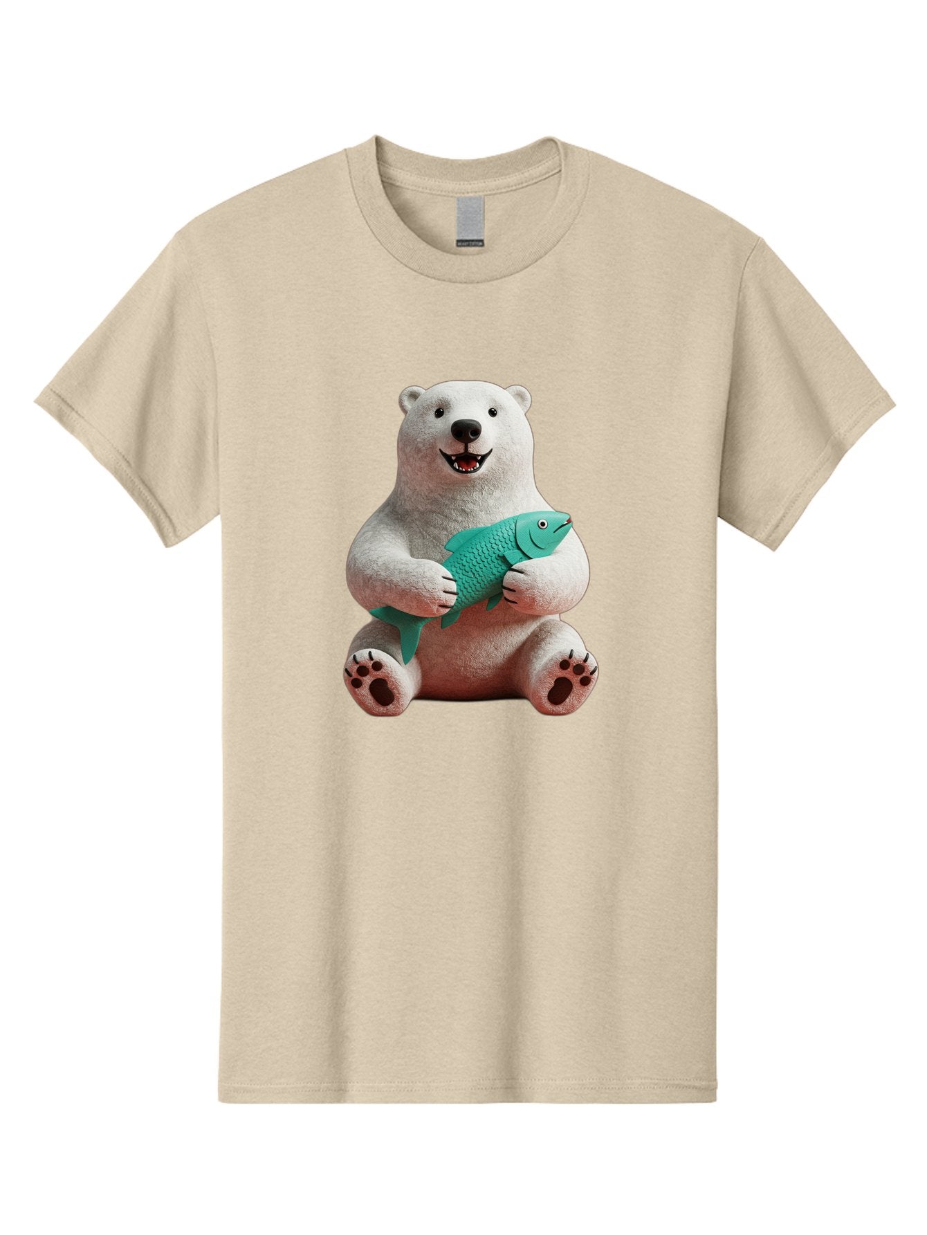 Polar-Bear-With-Fish-3 Men'S Graphic Tee, 100% Cotton, Comfortable Casual Summer Wear, Machine Washable, Polar Bear Holding Fish, White Fur, Cartoon Character, Smiling Bear, Turquoise Fish, Happy Expression, Cute Illustration, Wildlife Art Bae672 15