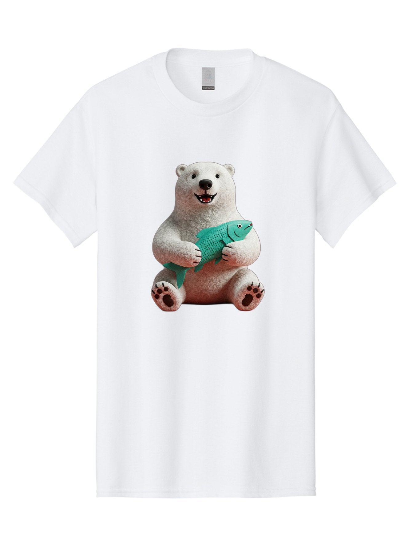 Polar-Bear-With-Fish-3 Men'S Graphic Tee, 100% Cotton, Comfortable Casual Summer Wear, Machine Washable, Polar Bear Holding Fish, White Fur, Cartoon Character, Smiling Bear, Turquoise Fish, Happy Expression, Cute Illustration, Wildlife Art Bae672 10