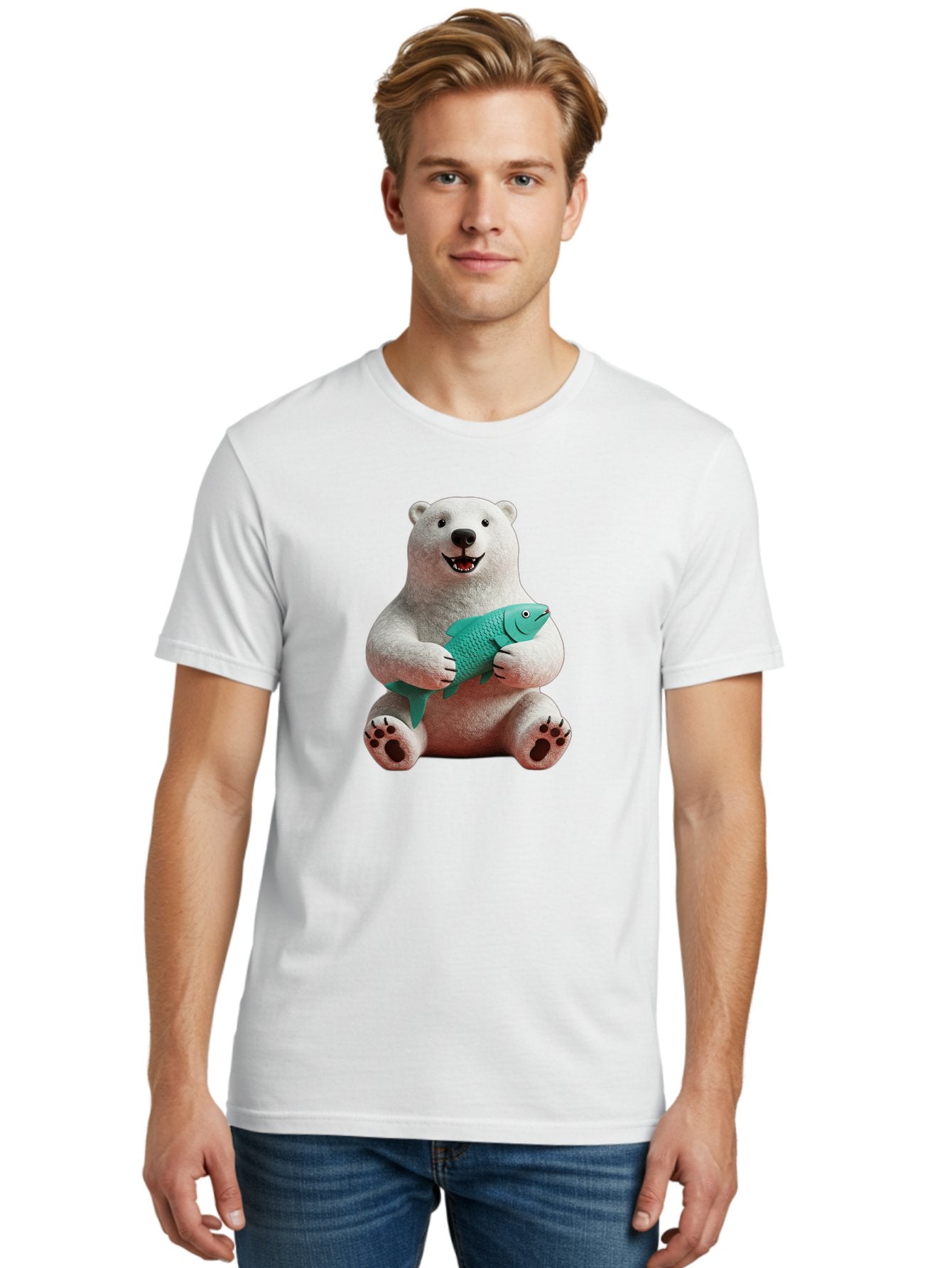 Polar-Bear-With-Fish-3 Men'S Graphic Tee, 100% Cotton, Comfortable Casual Summer Wear, Machine Washable, Polar Bear Holding Fish, White Fur, Cartoon Character, Smiling Bear, Turquoise Fish, Happy Expression, Cute Illustration, Wildlife Art Bae672 17