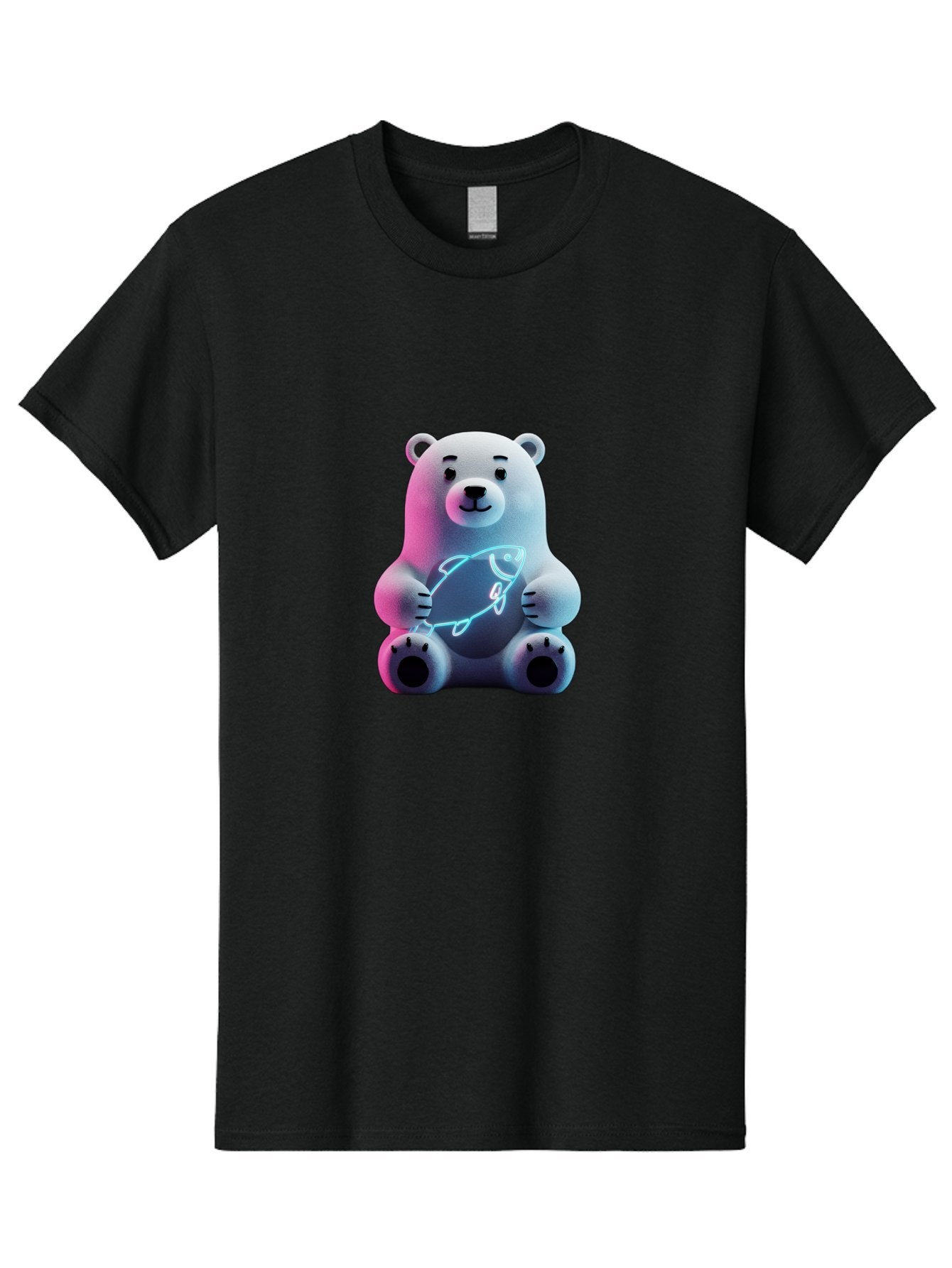 Polar-Bear-With-Fish-4 Men'S Graphic Tee, 100% Cotton, Comfortable Casual Summer Wear, Machine Washable, Polar Bear Holding Fish, Neon Light, Cartoon Character, Cute Animal, 3D Illustration, Glowing Effect, Cartoon Style, Digital Art Bae673 13
