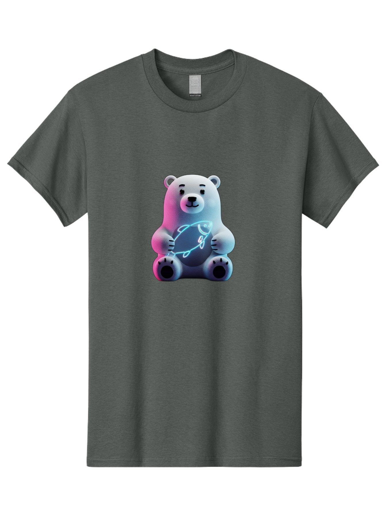 Polar-Bear-With-Fish-4 Men'S Graphic Tee, 100% Cotton, Comfortable Casual Summer Wear, Machine Washable, Polar Bear Holding Fish, Neon Light, Cartoon Character, Cute Animal, 3D Illustration, Glowing Effect, Cartoon Style, Digital Art Bae673 3