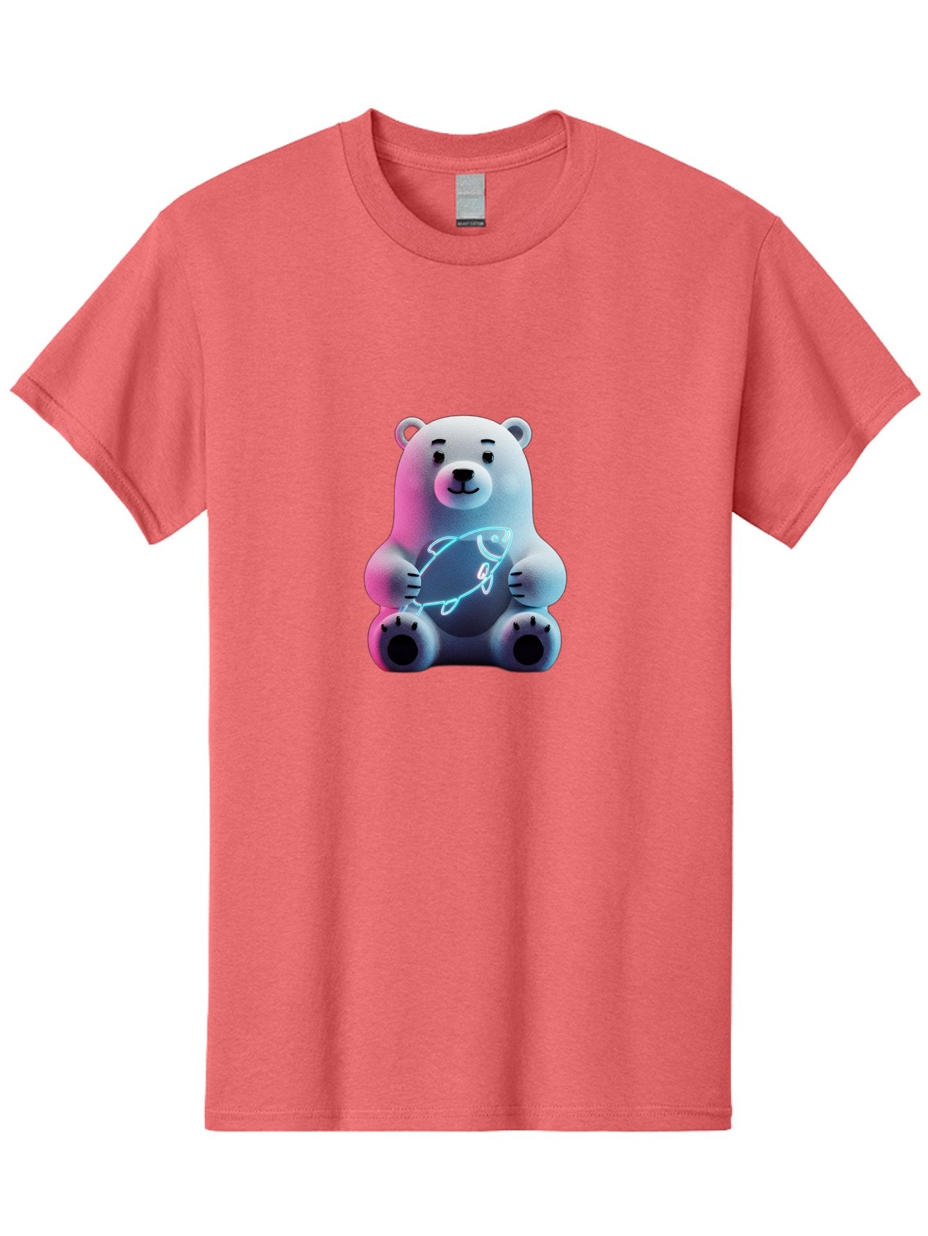Polar-Bear-With-Fish-4 Men'S Graphic Tee, 100% Cotton, Comfortable Casual Summer Wear, Machine Washable, Polar Bear Holding Fish, Neon Light, Cartoon Character, Cute Animal, 3D Illustration, Glowing Effect, Cartoon Style, Digital Art Bae673 5