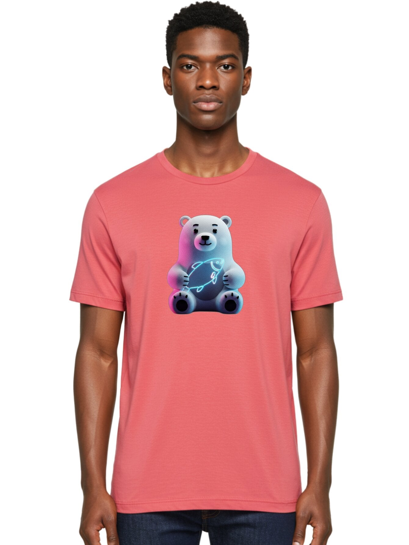 Polar-Bear-With-Fish-4 Men'S Graphic Tee, 100% Cotton, Comfortable Casual Summer Wear, Machine Washable, Polar Bear Holding Fish, Neon Light, Cartoon Character, Cute Animal, 3D Illustration, Glowing Effect, Cartoon Style, Digital Art Bae673 23