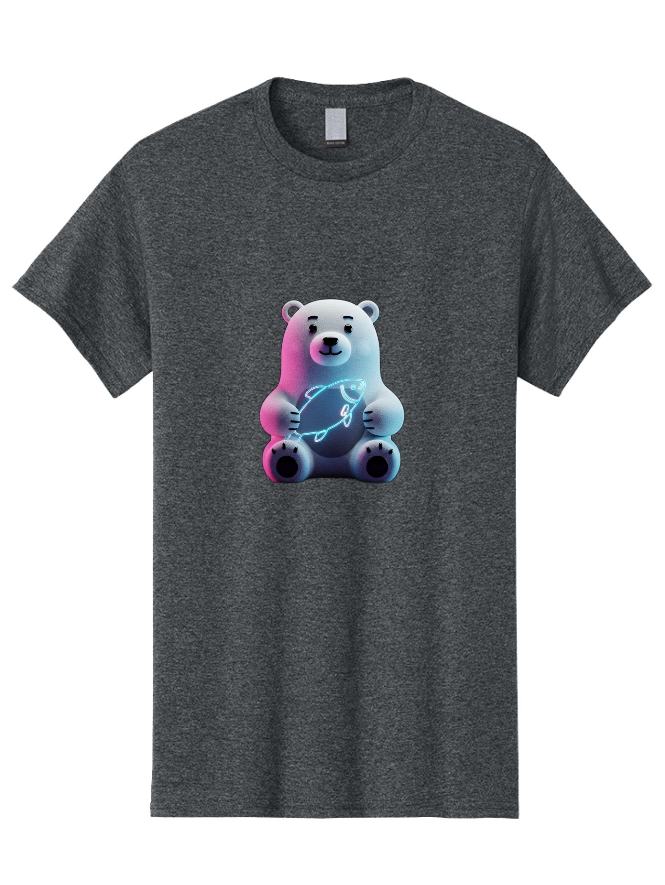 Polar-Bear-With-Fish-4 Men'S Graphic Tee, 100% Cotton, Comfortable Casual Summer Wear, Machine Washable, Polar Bear Holding Fish, Neon Light, Cartoon Character, Cute Animal, 3D Illustration, Glowing Effect, Cartoon Style, Digital Art Bae673 7