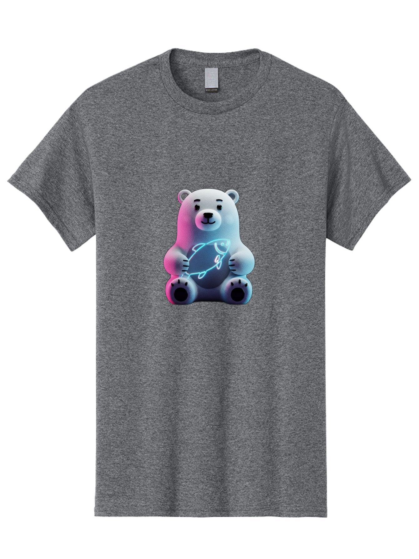 Polar-Bear-With-Fish-4 Men'S Graphic Tee, 100% Cotton, Comfortable Casual Summer Wear, Machine Washable, Polar Bear Holding Fish, Neon Light, Cartoon Character, Cute Animal, 3D Illustration, Glowing Effect, Cartoon Style, Digital Art Bae673 8