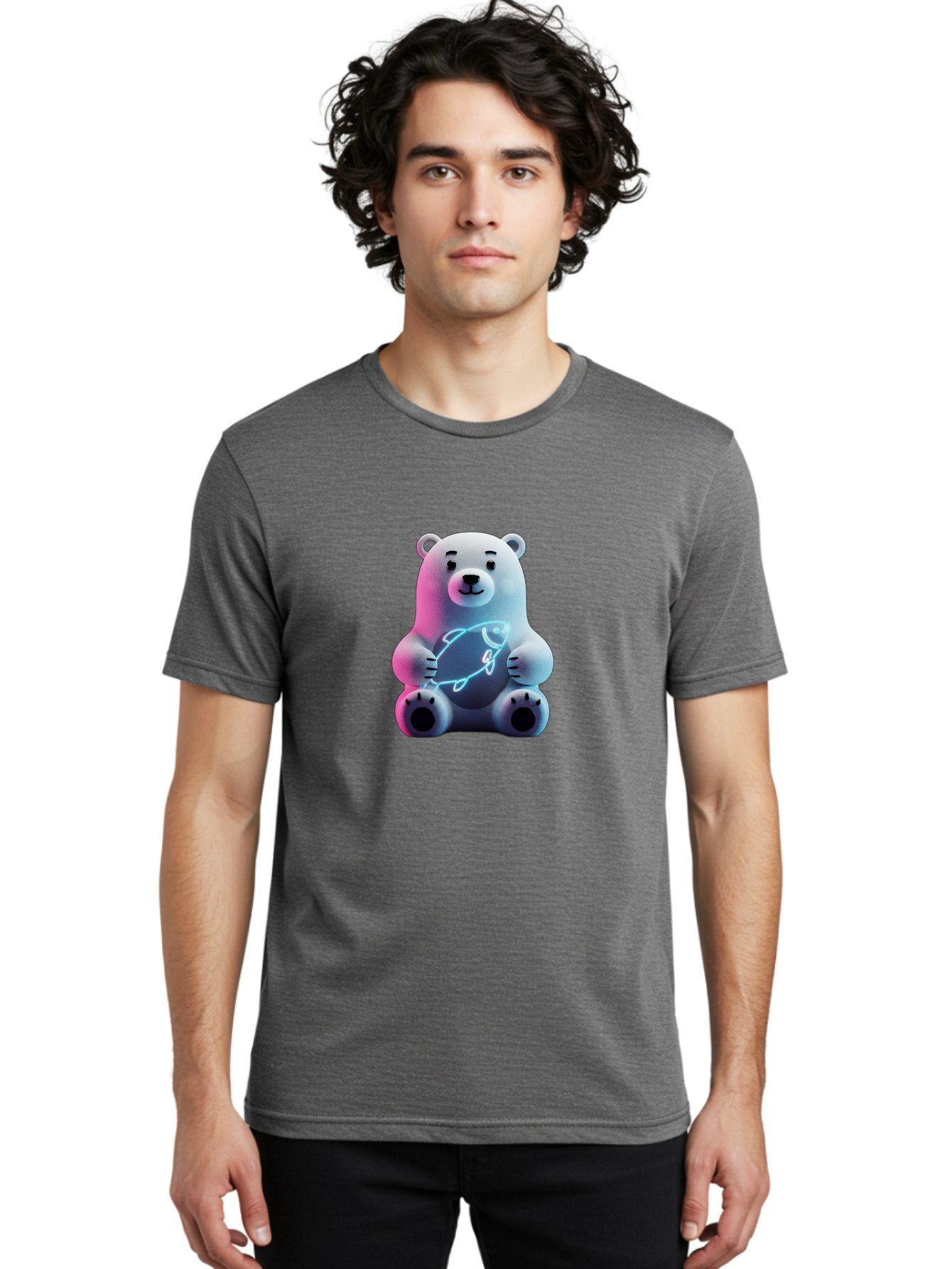 Polar-Bear-With-Fish-4 Men'S Graphic Tee, 100% Cotton, Comfortable Casual Summer Wear, Machine Washable, Polar Bear Holding Fish, Neon Light, Cartoon Character, Cute Animal, 3D Illustration, Glowing Effect, Cartoon Style, Digital Art Bae673 25