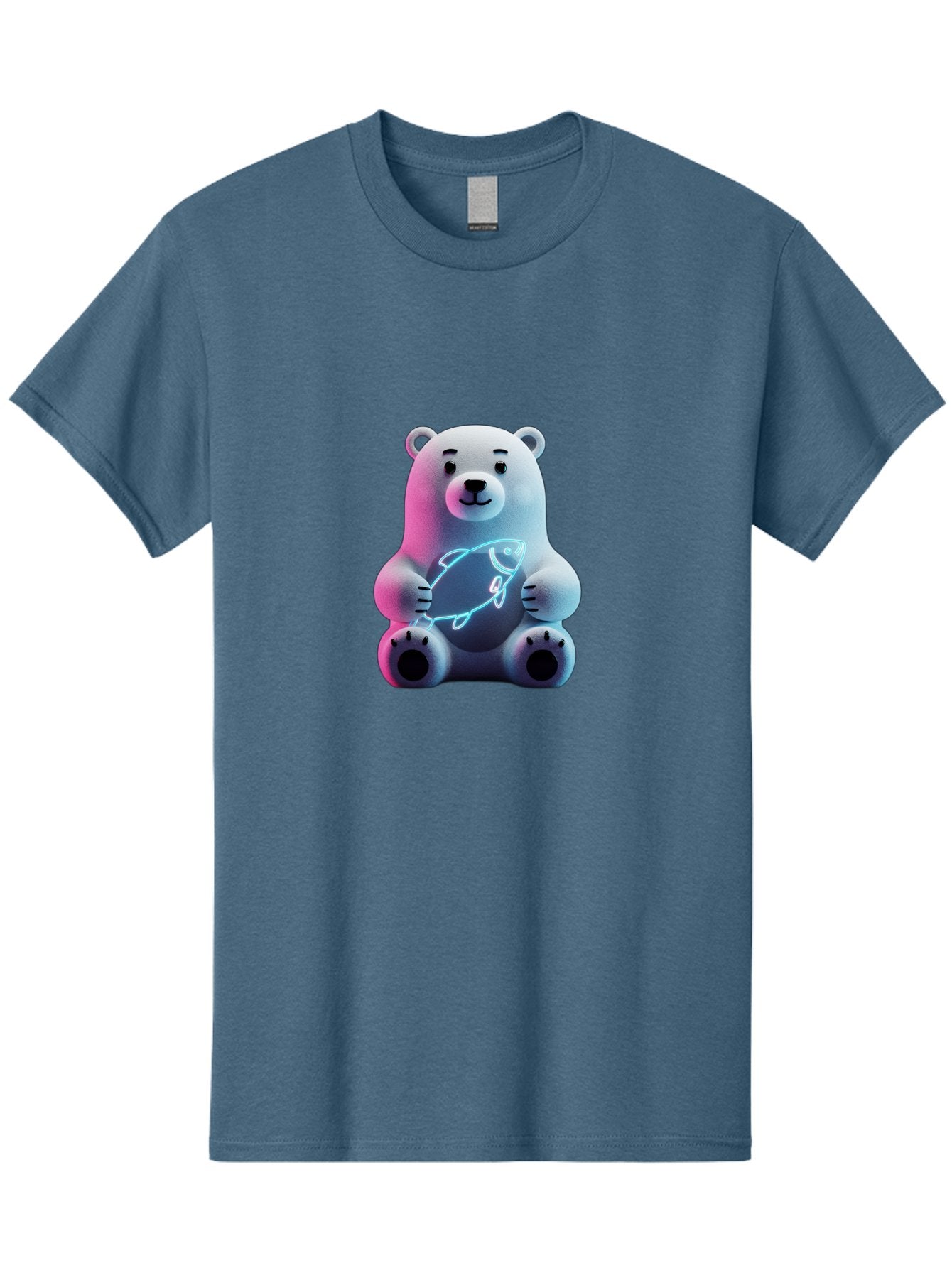 Polar-Bear-With-Fish-4 Men'S Graphic Tee, 100% Cotton, Comfortable Casual Summer Wear, Machine Washable, Polar Bear Holding Fish, Neon Light, Cartoon Character, Cute Animal, 3D Illustration, Glowing Effect, Cartoon Style, Digital Art Bae673 6