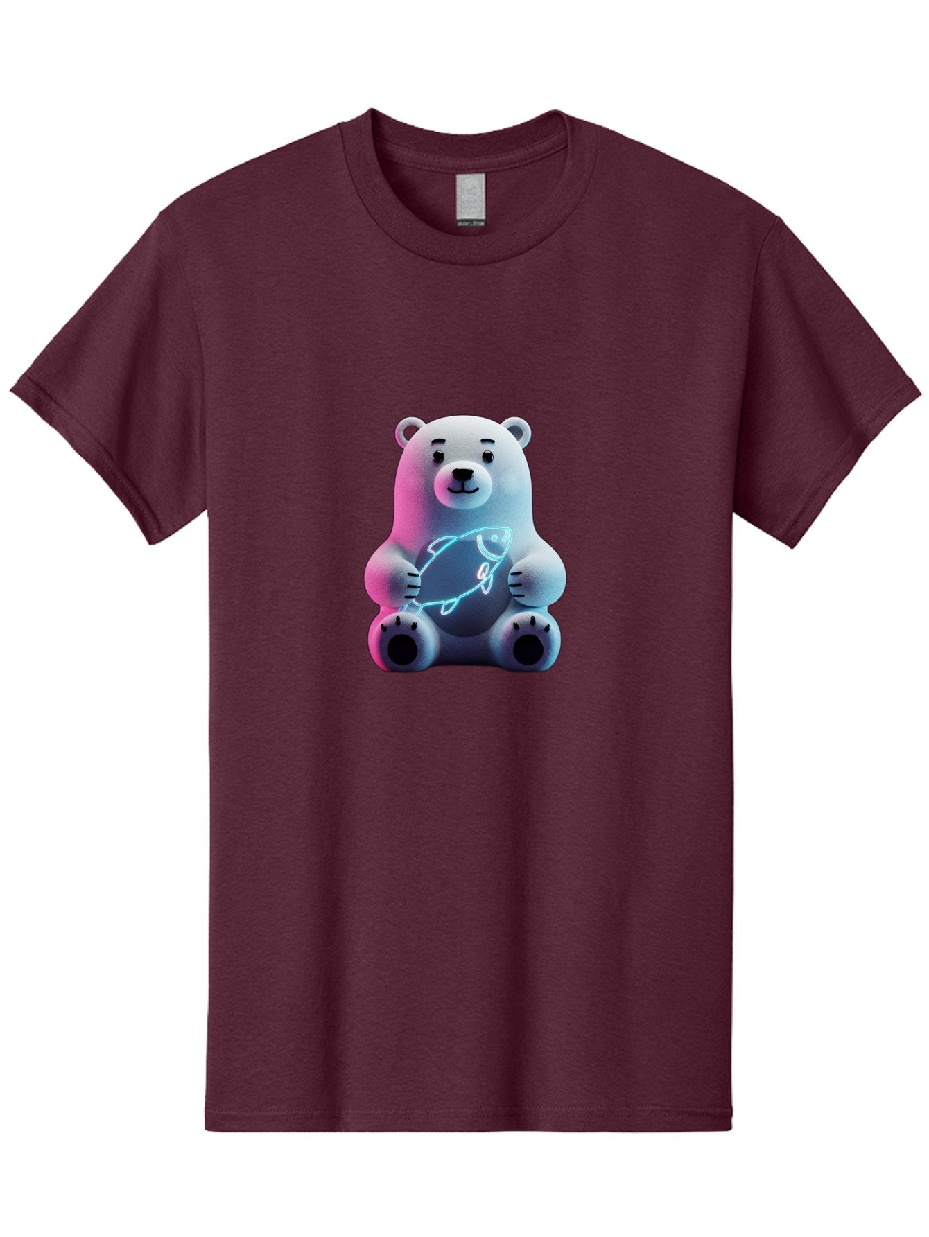 Polar-Bear-With-Fish-4 Men'S Graphic Tee, 100% Cotton, Comfortable Casual Summer Wear, Machine Washable, Polar Bear Holding Fish, Neon Light, Cartoon Character, Cute Animal, 3D Illustration, Glowing Effect, Cartoon Style, Digital Art Bae673 9
