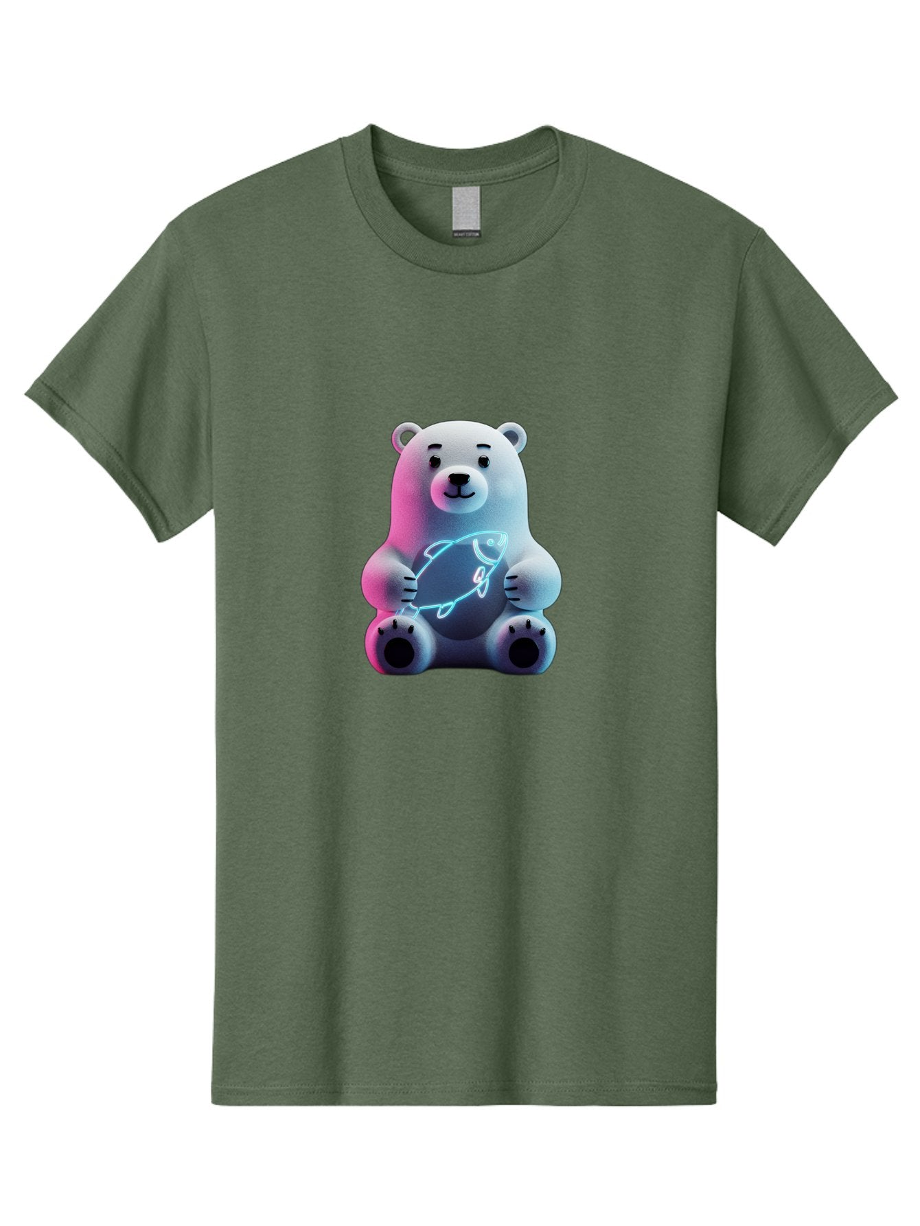 Polar-Bear-With-Fish-4 Men'S Graphic Tee, 100% Cotton, Comfortable Casual Summer Wear, Machine Washable, Polar Bear Holding Fish, Neon Light, Cartoon Character, Cute Animal, 3D Illustration, Glowing Effect, Cartoon Style, Digital Art Bae673 10