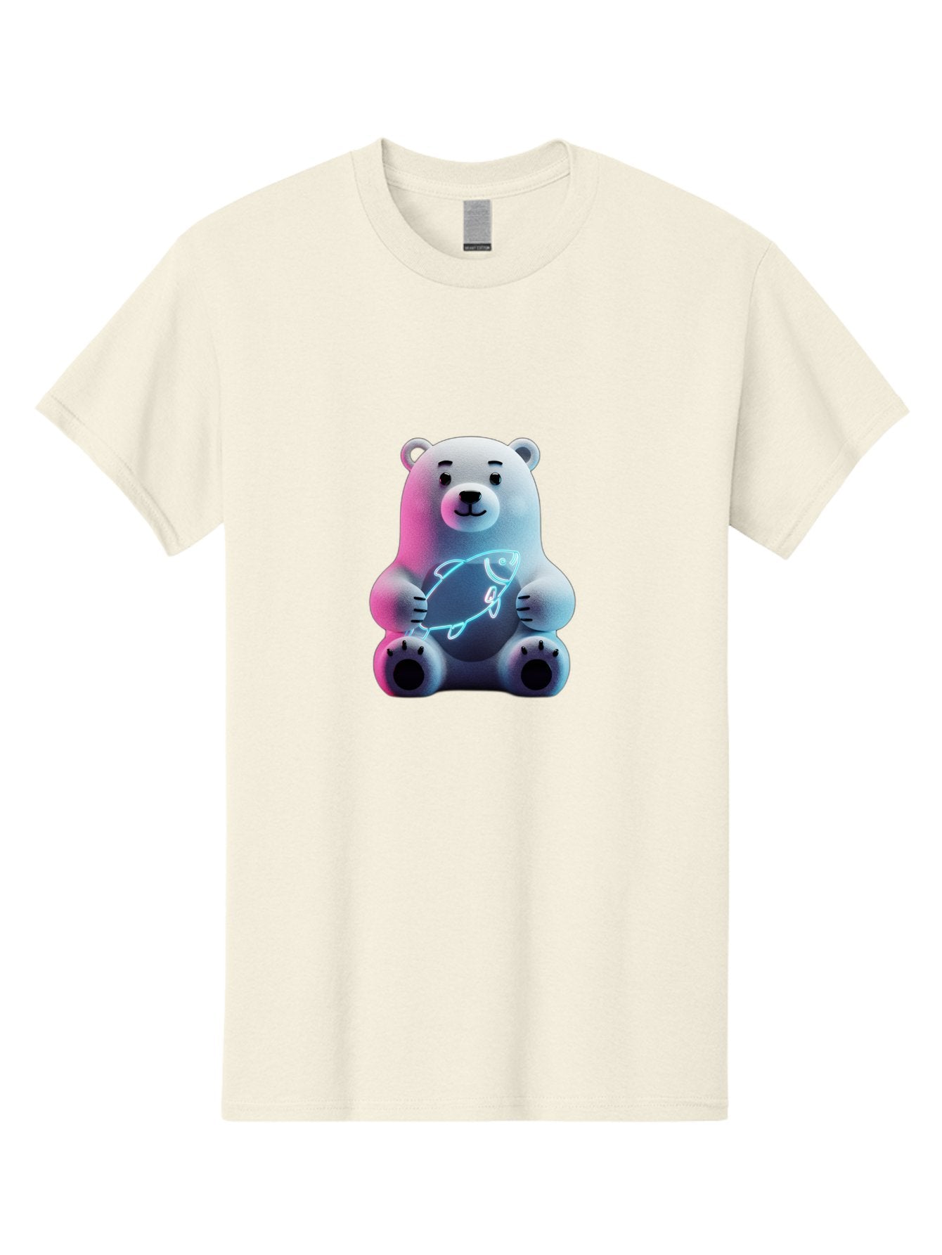 Polar-Bear-With-Fish-4 Men'S Graphic Tee, 100% Cotton, Comfortable Casual Summer Wear, Machine Washable, Polar Bear Holding Fish, Neon Light, Cartoon Character, Cute Animal, 3D Illustration, Glowing Effect, Cartoon Style, Digital Art Bae673
