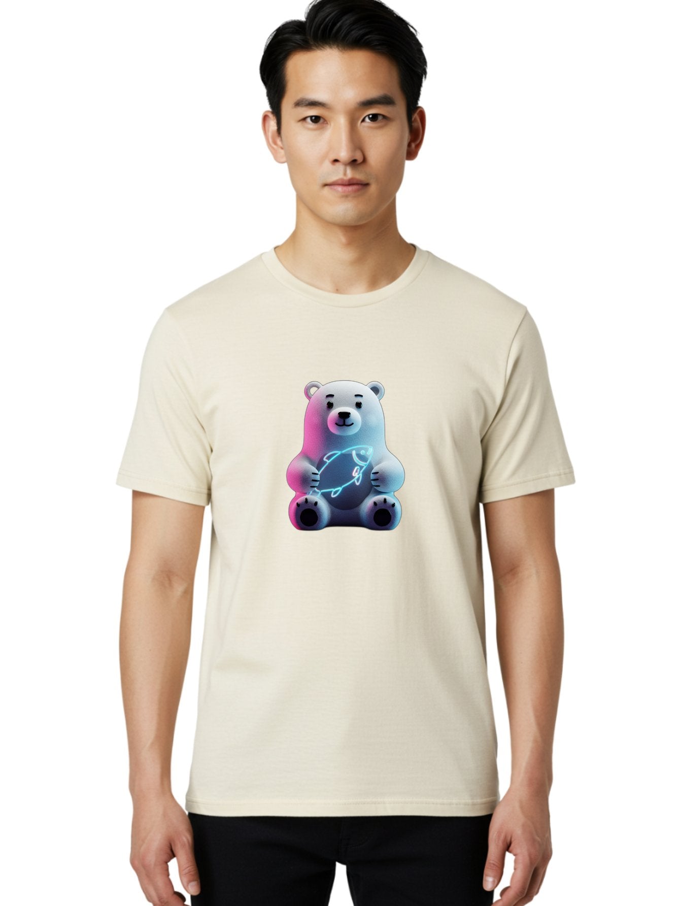 Polar-Bear-With-Fish-4 Men'S Graphic Tee, 100% Cotton, Comfortable Casual Summer Wear, Machine Washable, Polar Bear Holding Fish, Neon Light, Cartoon Character, Cute Animal, 3D Illustration, Glowing Effect, Cartoon Style, Digital Art Bae673 19