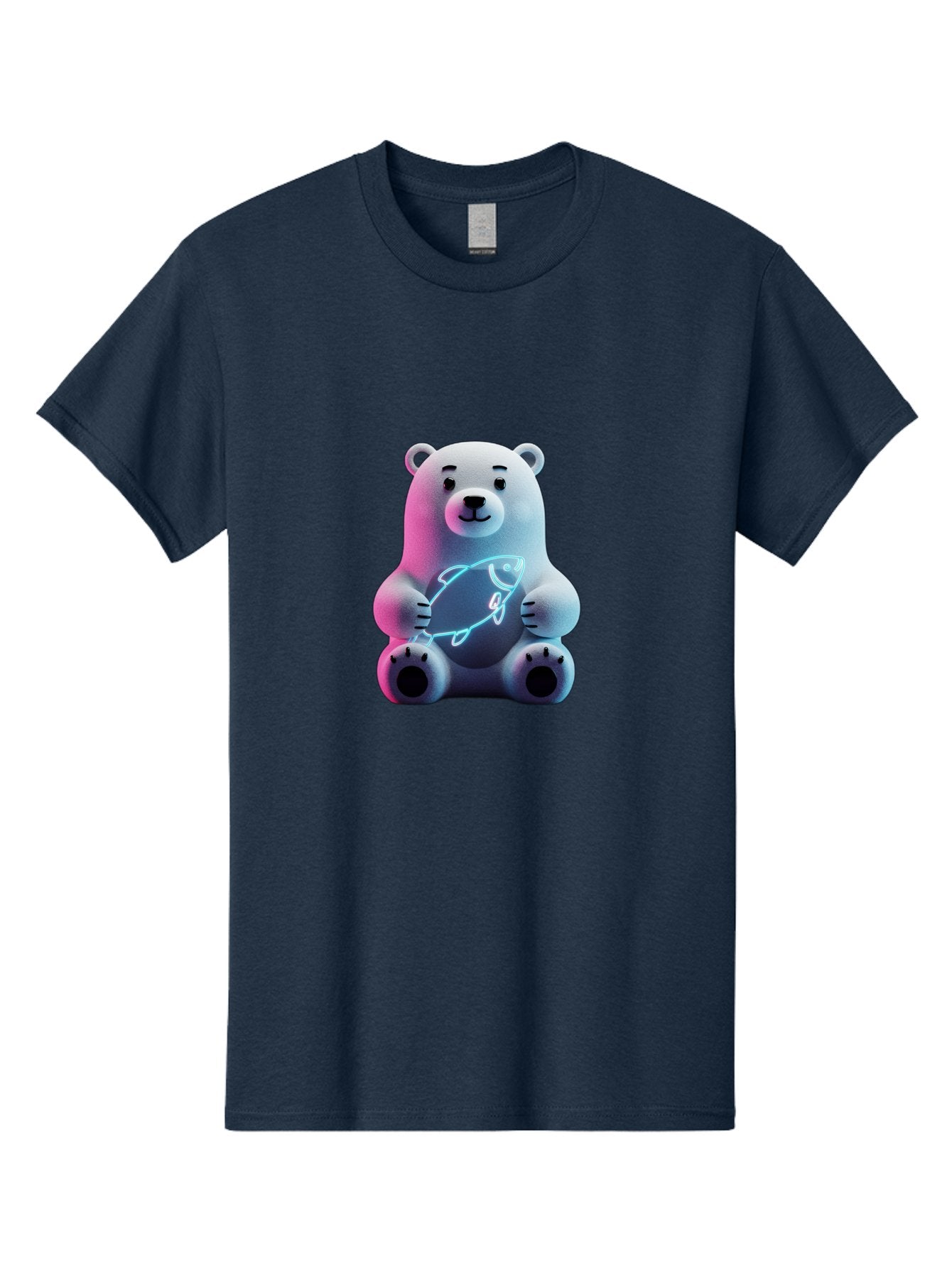 Polar-Bear-With-Fish-4 Men'S Graphic Tee, 100% Cotton, Comfortable Casual Summer Wear, Machine Washable, Polar Bear Holding Fish, Neon Light, Cartoon Character, Cute Animal, 3D Illustration, Glowing Effect, Cartoon Style, Digital Art Bae673 4