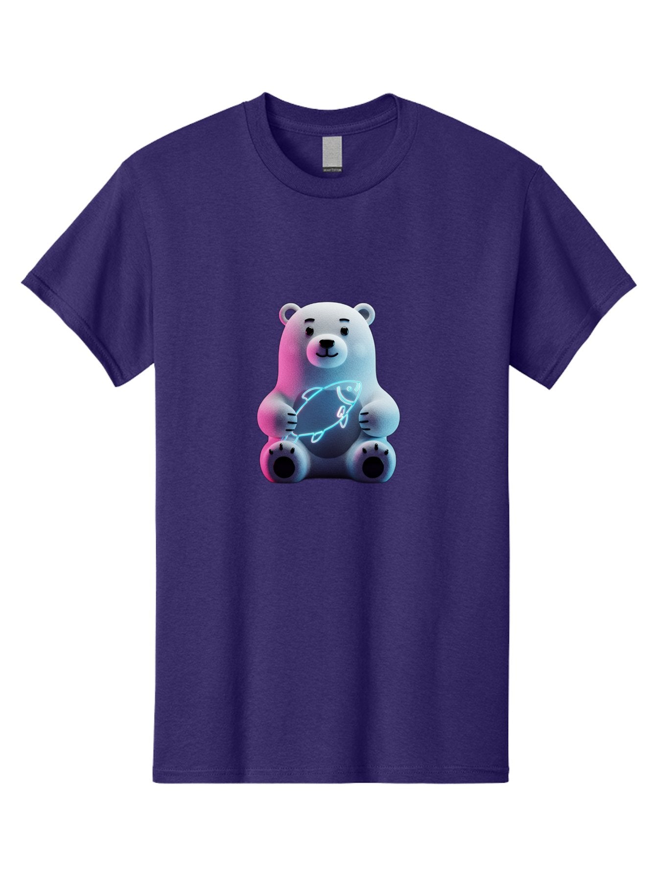 Polar-Bear-With-Fish-4 Men'S Graphic Tee, 100% Cotton, Comfortable Casual Summer Wear, Machine Washable, Polar Bear Holding Fish, Neon Light, Cartoon Character, Cute Animal, 3D Illustration, Glowing Effect, Cartoon Style, Digital Art Bae673 11