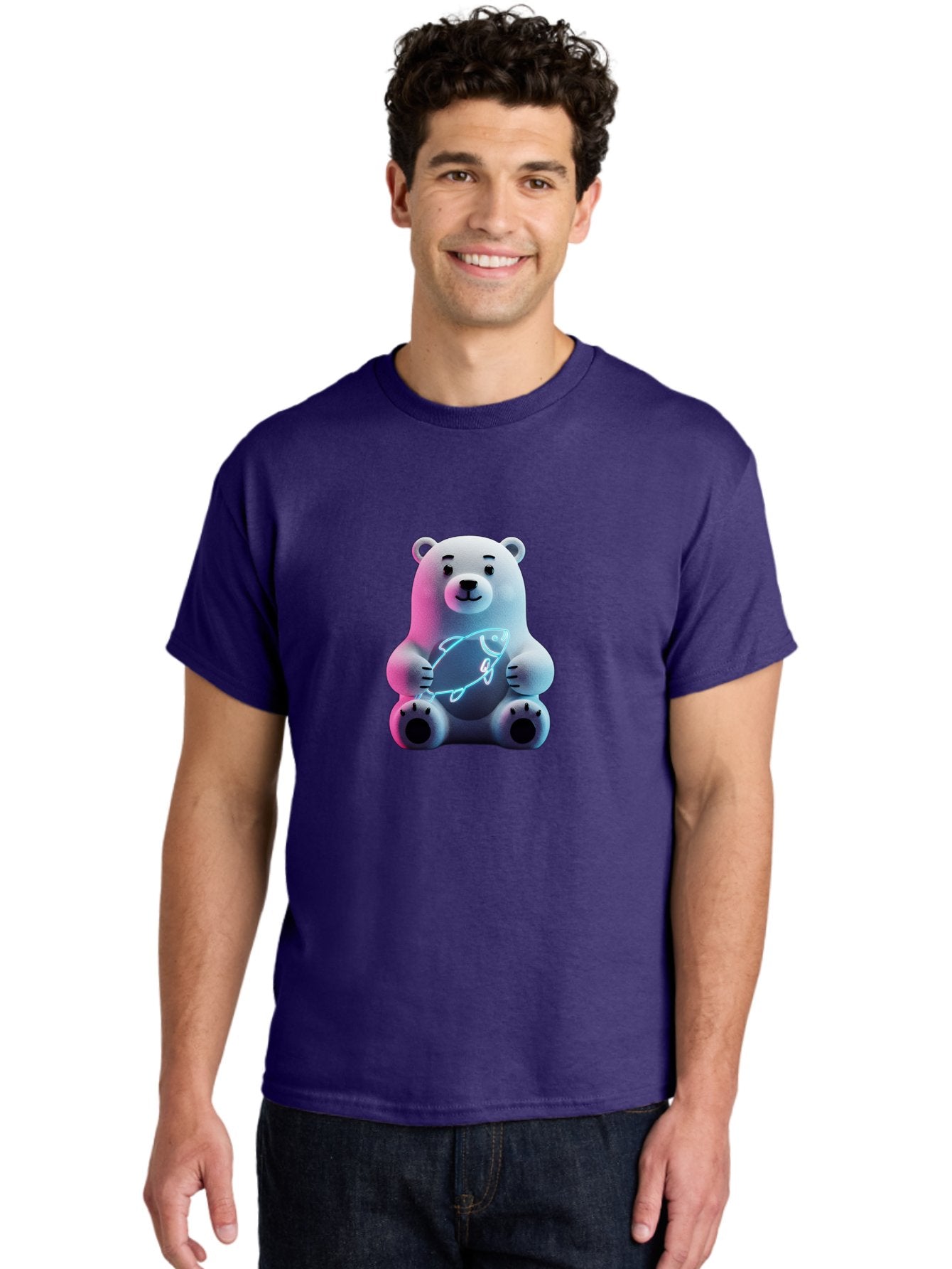 Polar-Bear-With-Fish-4 Men'S Graphic Tee, 100% Cotton, Comfortable Casual Summer Wear, Machine Washable, Polar Bear Holding Fish, Neon Light, Cartoon Character, Cute Animal, 3D Illustration, Glowing Effect, Cartoon Style, Digital Art Bae673 27