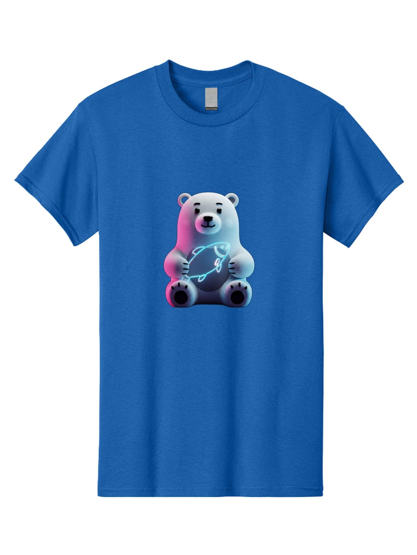 Polar-Bear-With-Fish-4 Men'S Graphic Tee, 100% Cotton, Comfortable Casual Summer Wear, Machine Washable, Polar Bear Holding Fish, Neon Light, Cartoon Character, Cute Animal, 3D Illustration, Glowing Effect, Cartoon Style, Digital Art Bae673