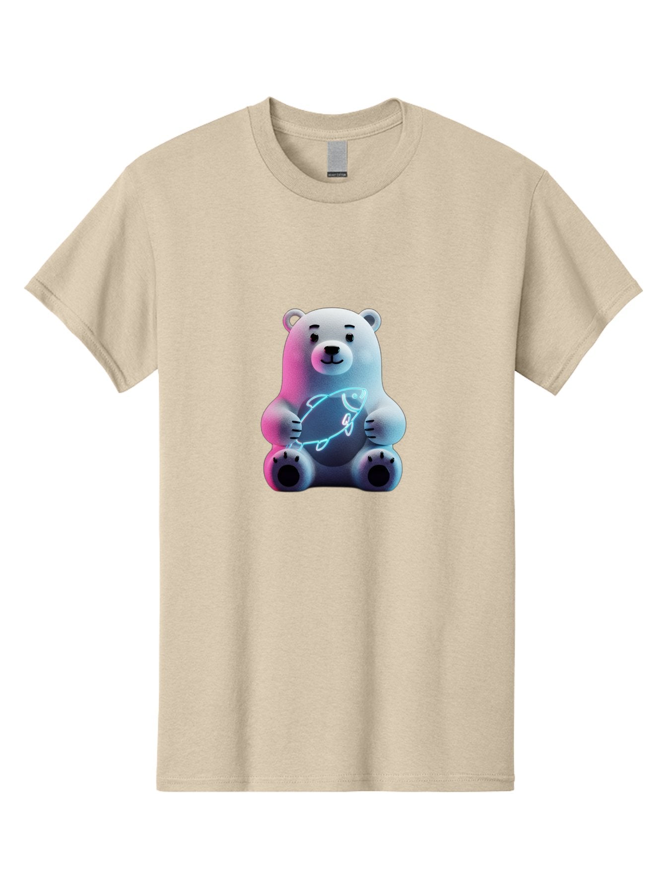 Polar-Bear-With-Fish-4 Men'S Graphic Tee, 100% Cotton, Comfortable Casual Summer Wear, Machine Washable, Polar Bear Holding Fish, Neon Light, Cartoon Character, Cute Animal, 3D Illustration, Glowing Effect, Cartoon Style, Digital Art Bae673 12