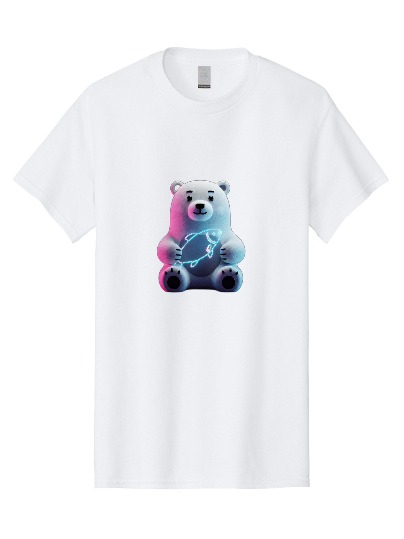 Polar-Bear-With-Fish-4 Men'S Graphic Tee, 100% Cotton, Comfortable Casual Summer Wear, Machine Washable, Polar Bear Holding Fish, Neon Light, Cartoon Character, Cute Animal, 3D Illustration, Glowing Effect, Cartoon Style, Digital Art Bae673 14
