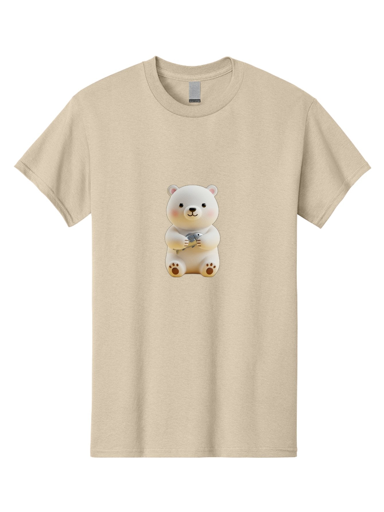 Polar-Bear-With-Fish Men'S Graphic Tee, 100% Cotton, Comfortable Casual Summer Wear, Machine Washable, Cute Polar Bear, White Bear, Holding Fish, Cartoon Character, Adorable Figurine, Kawaii Animal, Childlike Charm, Stuffed Animal, Bae674