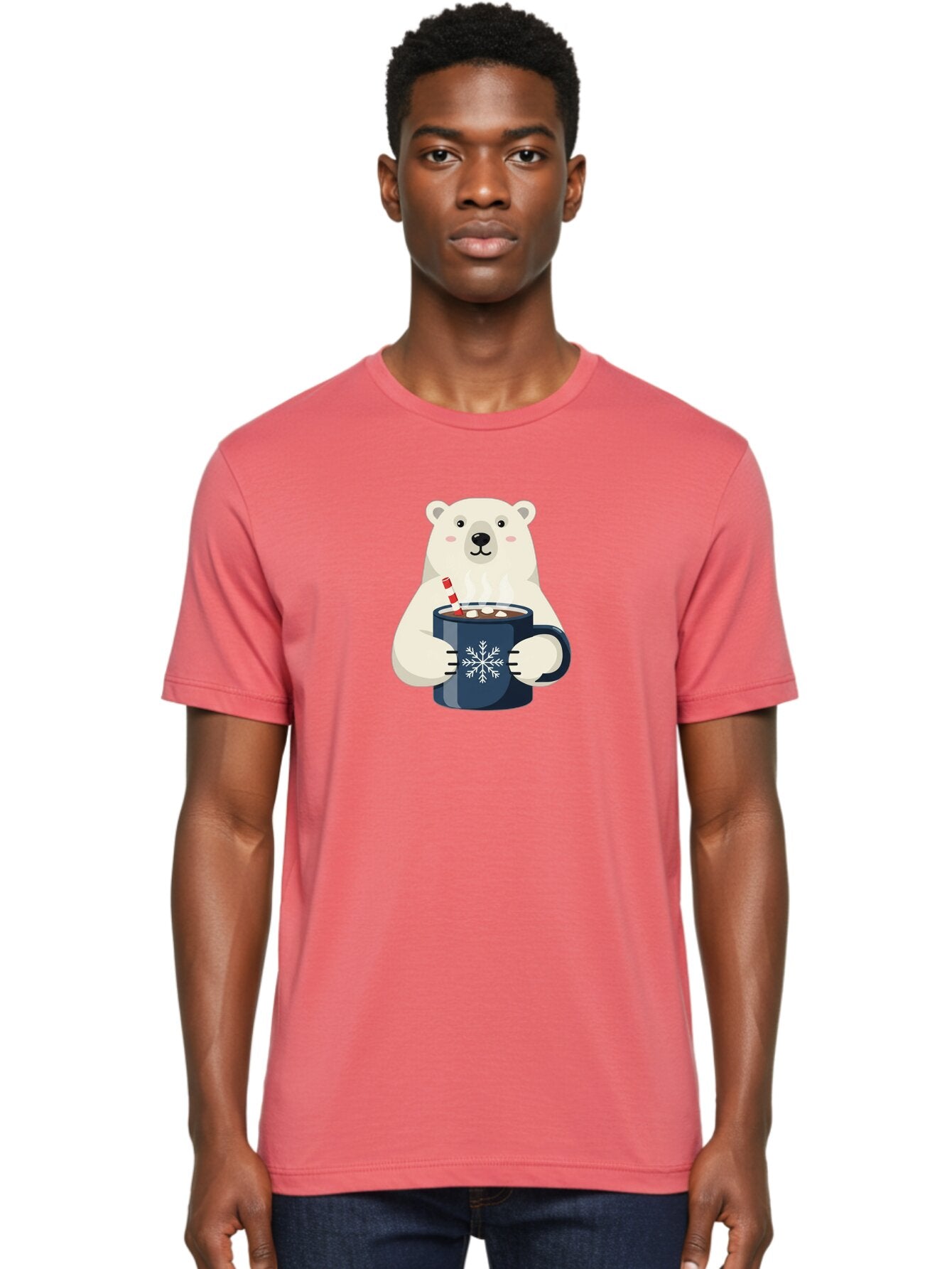 Polar-Bear-With-Hot-Chocolate Men'S Graphic Tee, 100% Cotton, Comfortable Casual Summer Wear, Machine Washable, Polar Bear, Hot Chocolate, Winter Wonderland, Snowflake Mug, Festive Drink, Adorable Bear, Candy Cane Straw, Marshmallow Topping, Bae675 16