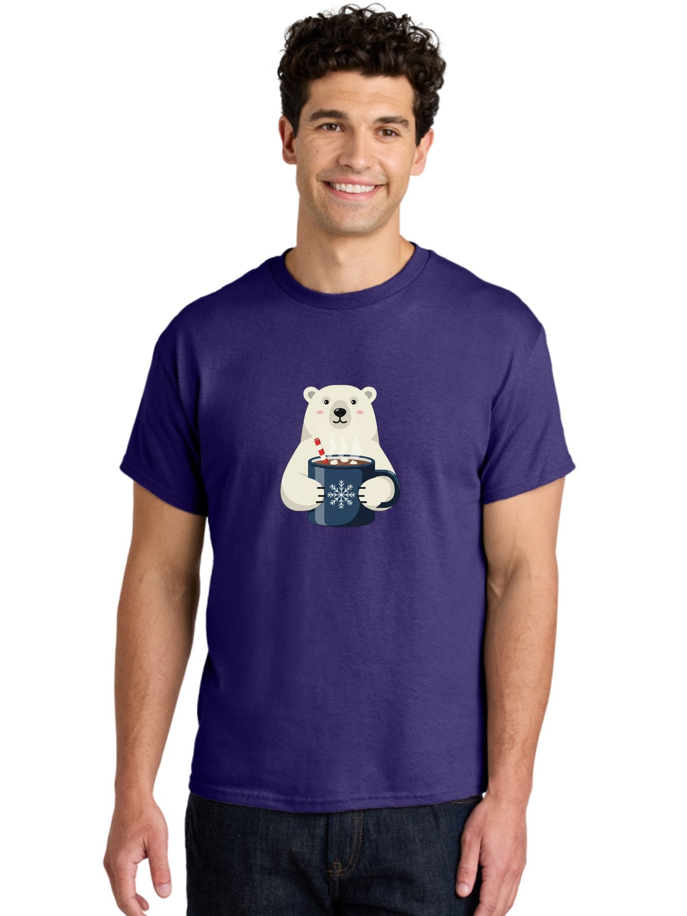 Polar-Bear-With-Hot-Chocolate Men'S Graphic Tee, 100% Cotton, Comfortable Casual Summer Wear, Machine Washable, Polar Bear, Hot Chocolate, Winter Wonderland, Snowflake Mug, Festive Drink, Adorable Bear, Candy Cane Straw, Marshmallow Topping, Bae675 20